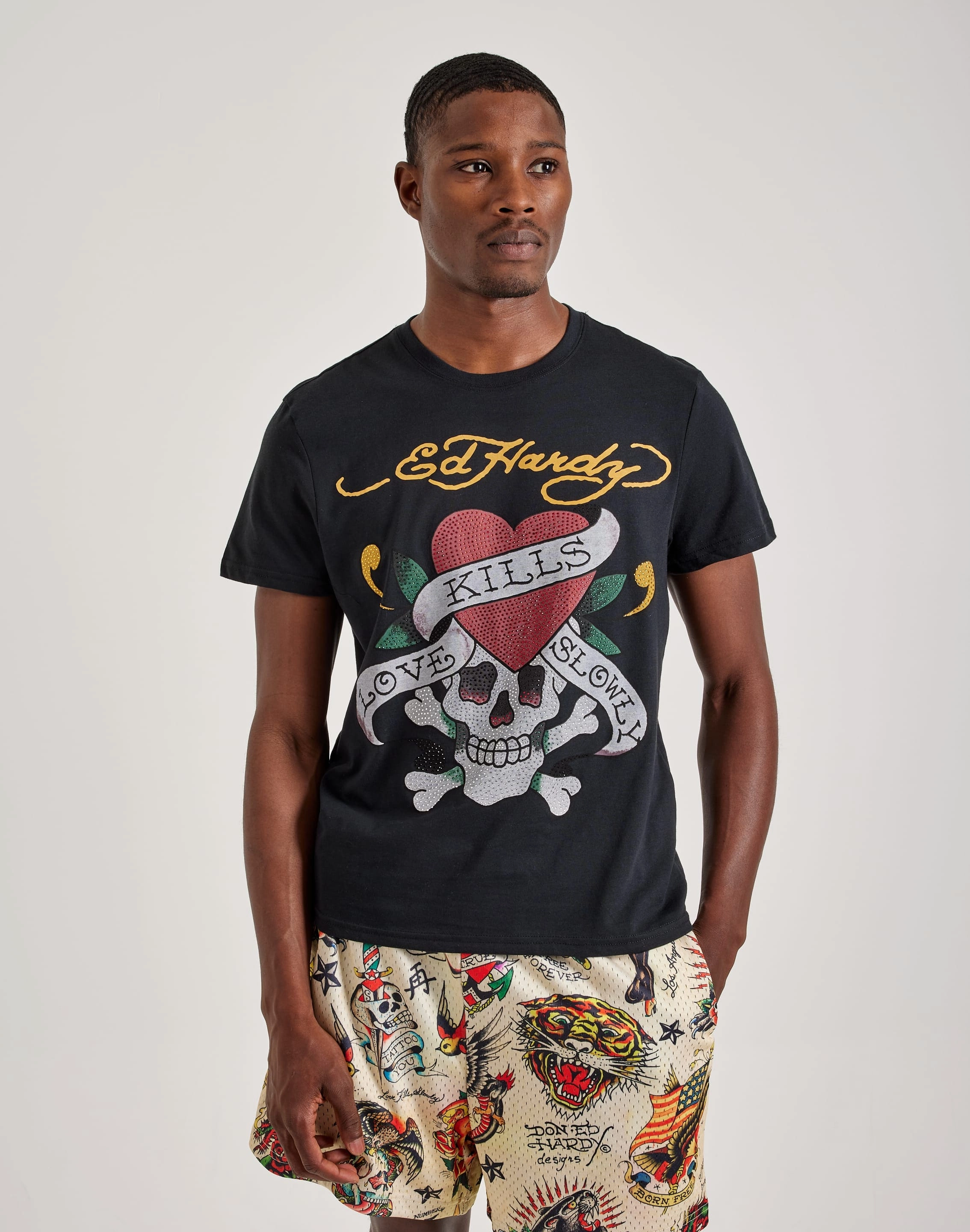 Ed Hardy Rhinestone Skull Tee Hip - hop fashion Embroidered fashion