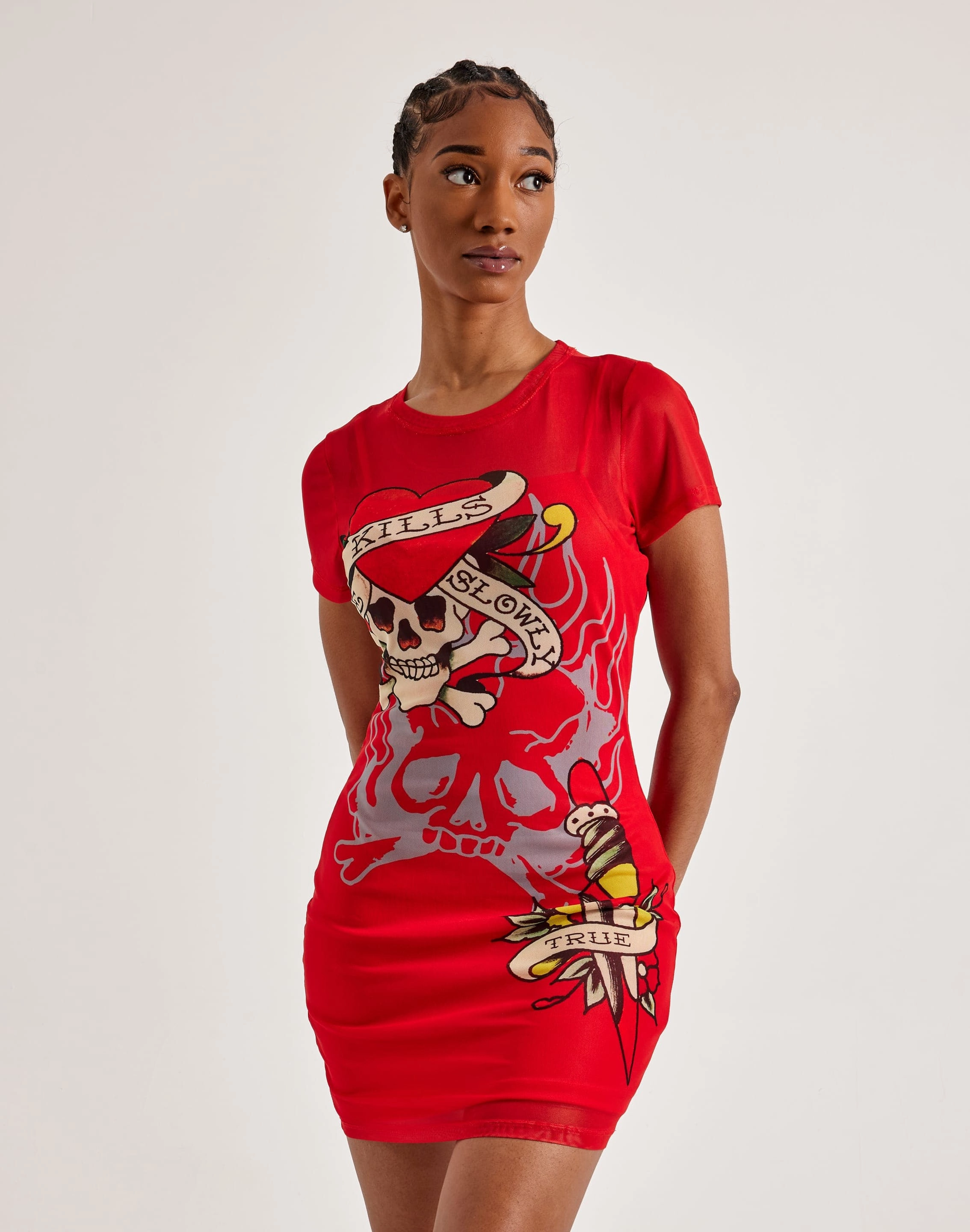 Ed Hardy Skull Dagger Mesh Tee Dress Leather - material fashion Fashion-forward items