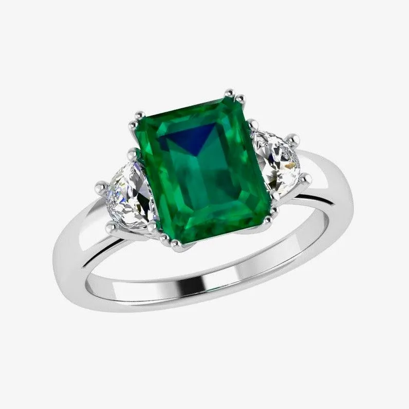 Emerald-Cut Emerald and Half Moon Diamond Ring