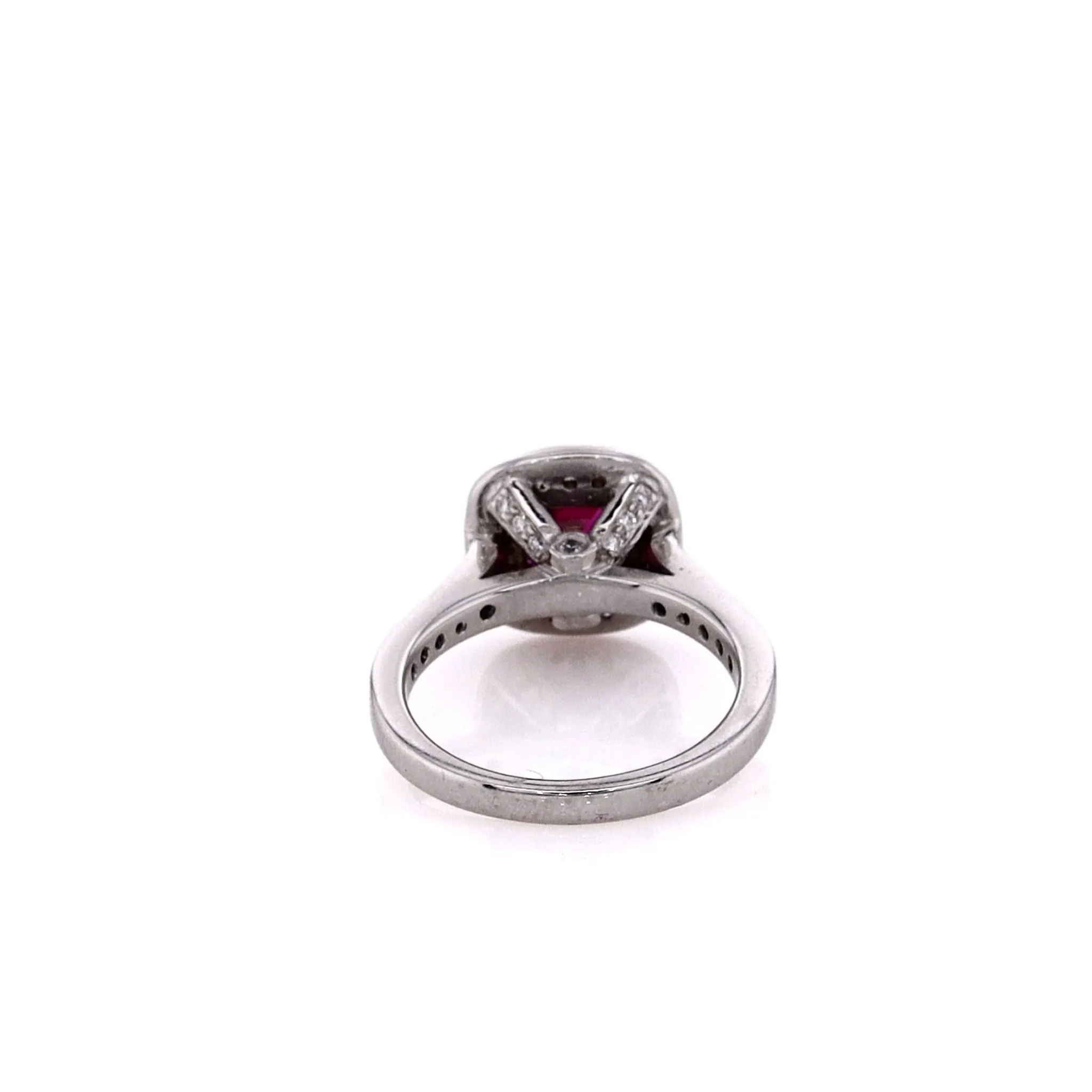 Estate 14k White Gold Synthetic Square Ruby and Diamond Halo Ring