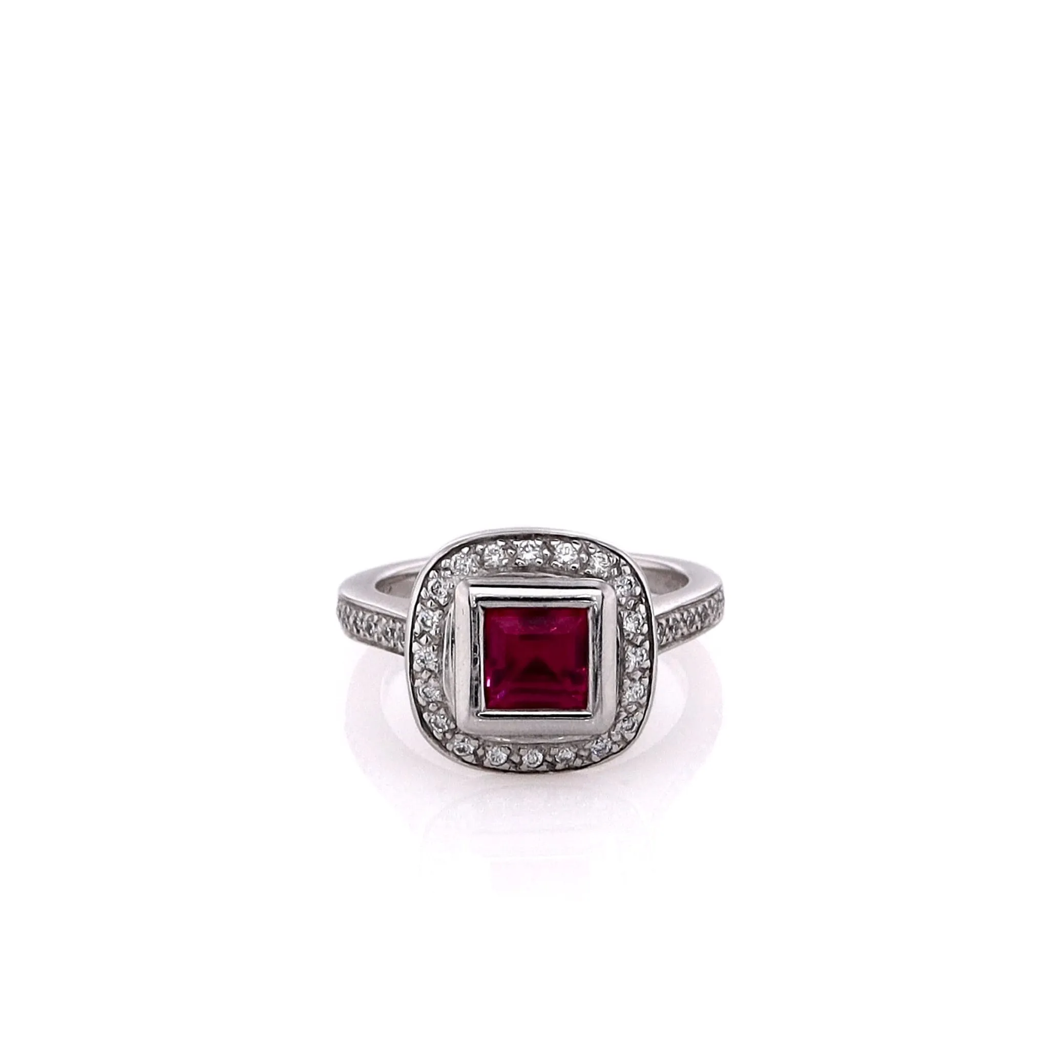 Estate 14k White Gold Synthetic Square Ruby and Diamond Halo Ring