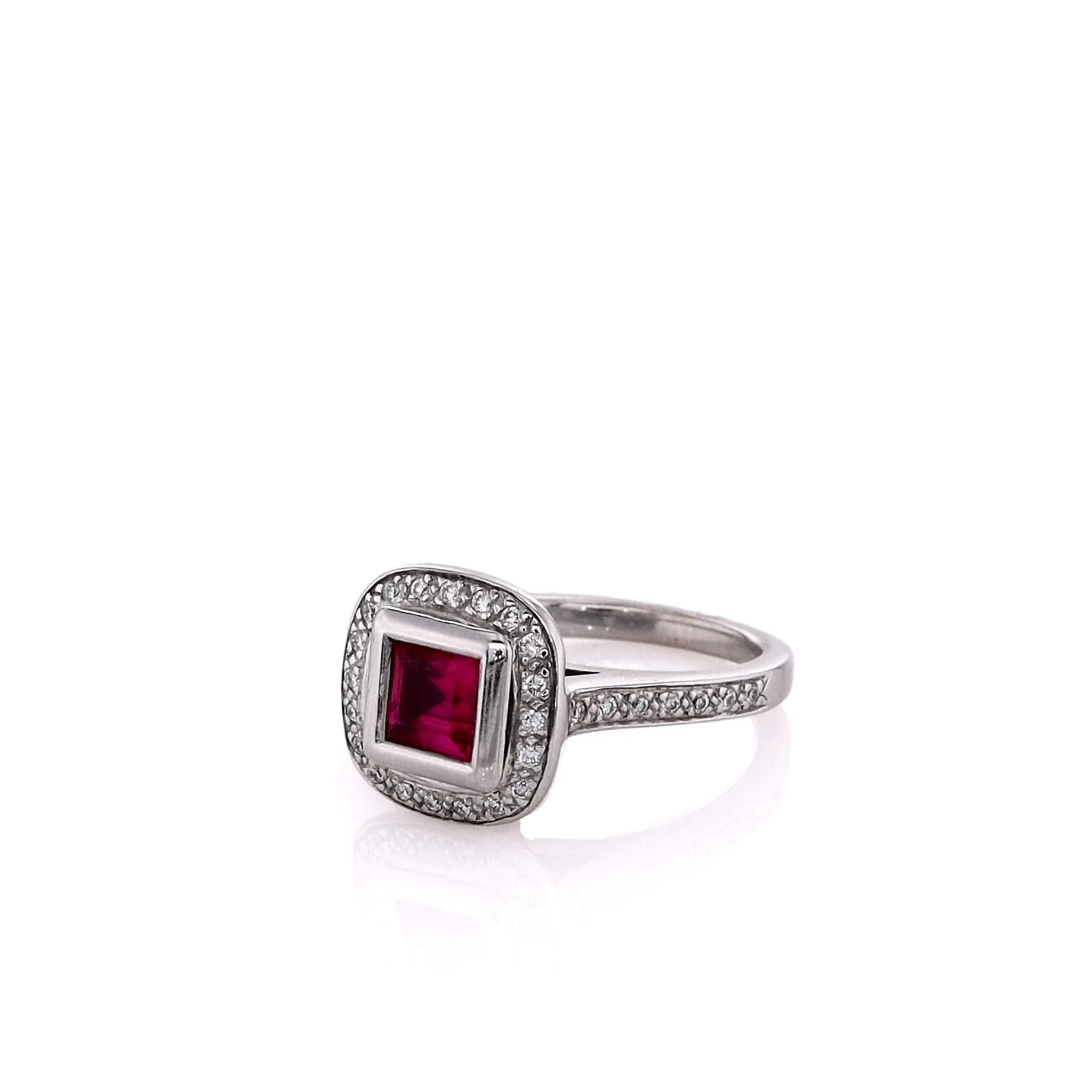 Estate 14k White Gold Synthetic Square Ruby and Diamond Halo Ring