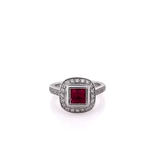 Estate 14k White Gold Synthetic Square Ruby and Diamond Halo Ring