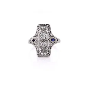 Estate 18 Karat White Gold Filigree Diamond and Sapphire Ring
