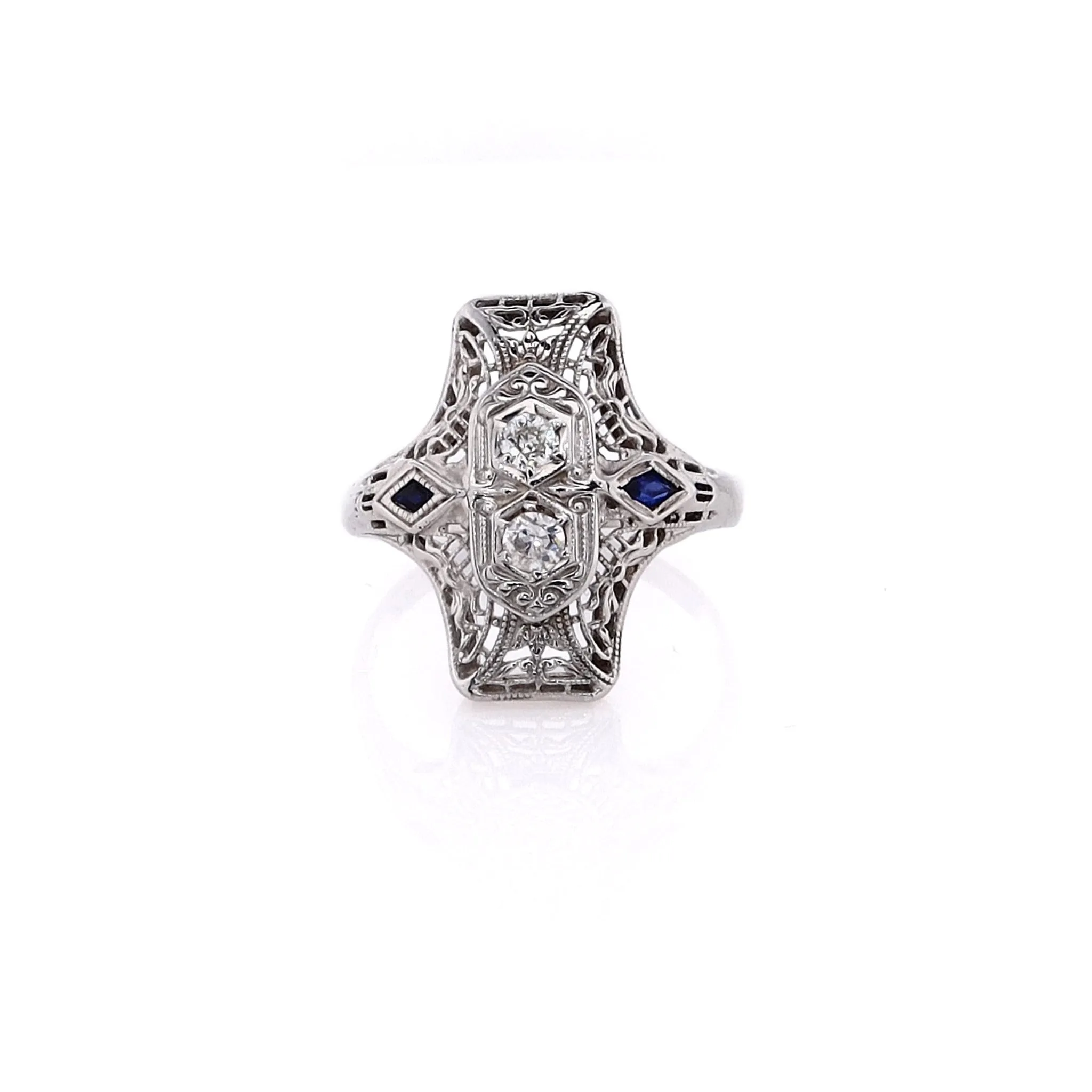 Estate 18 Karat White Gold Filigree Diamond and Sapphire Ring