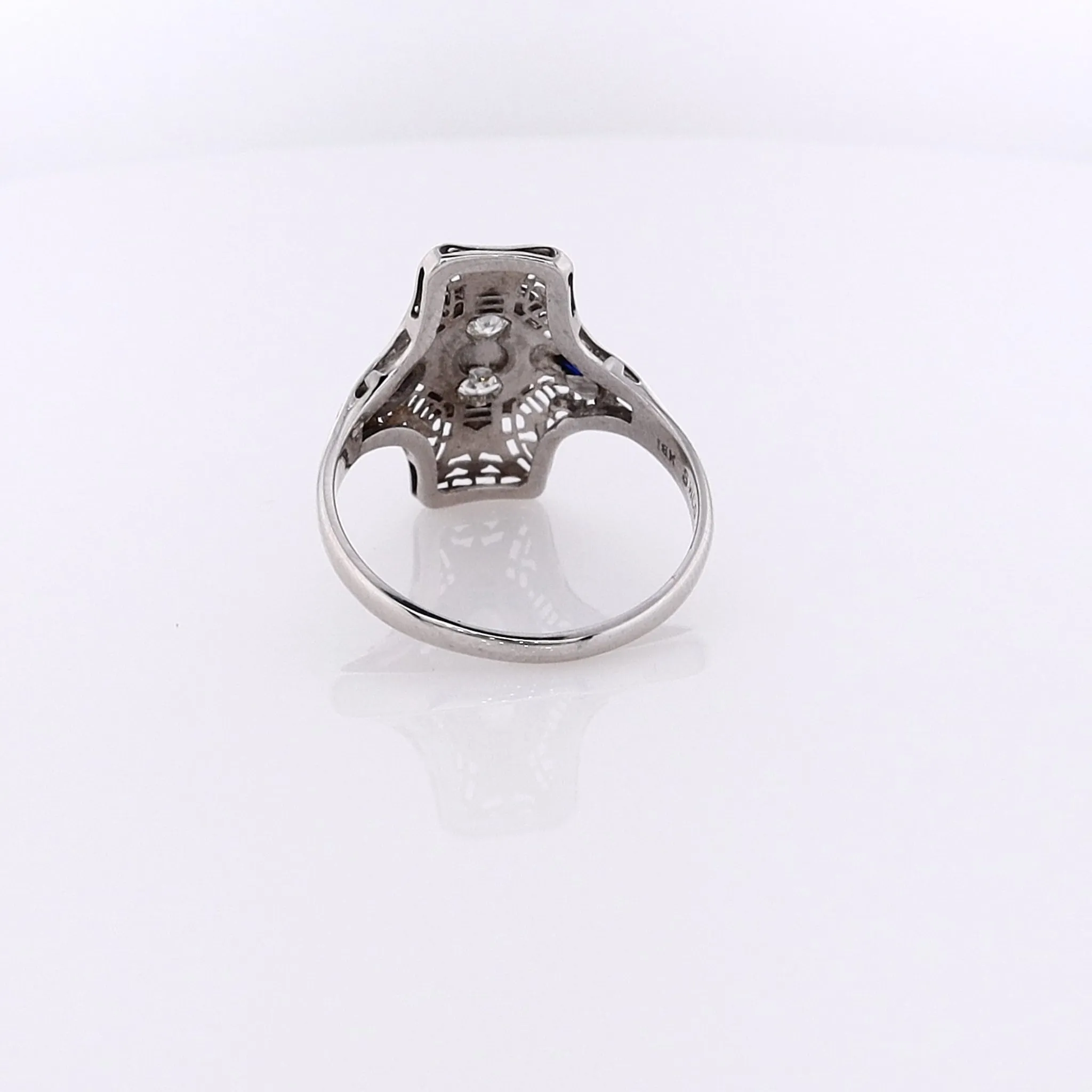 Estate 18 Karat White Gold Filigree Diamond and Sapphire Ring