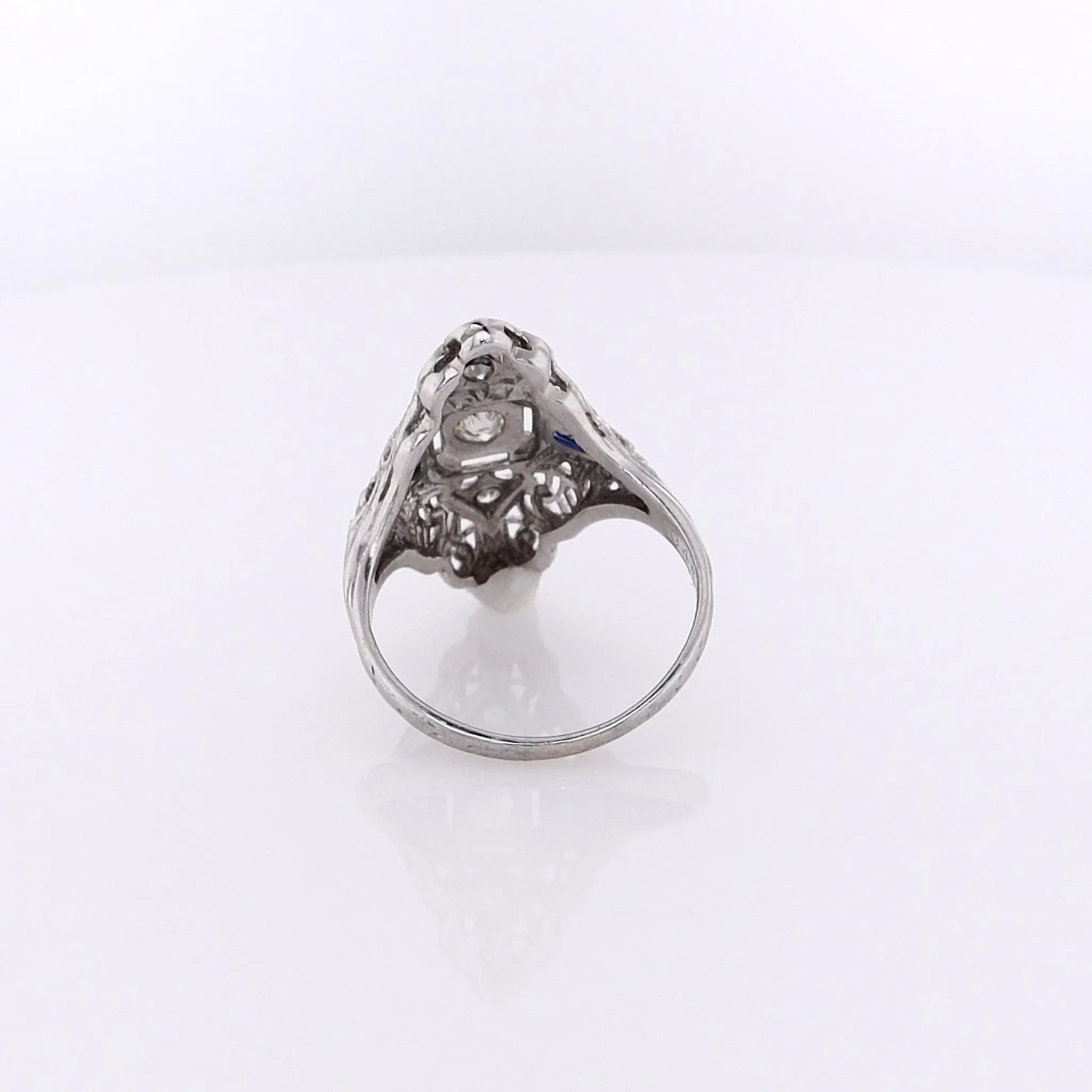 Estate 18 Karat White Gold Sapphire and Diamond Nevette Filagree Design Ring