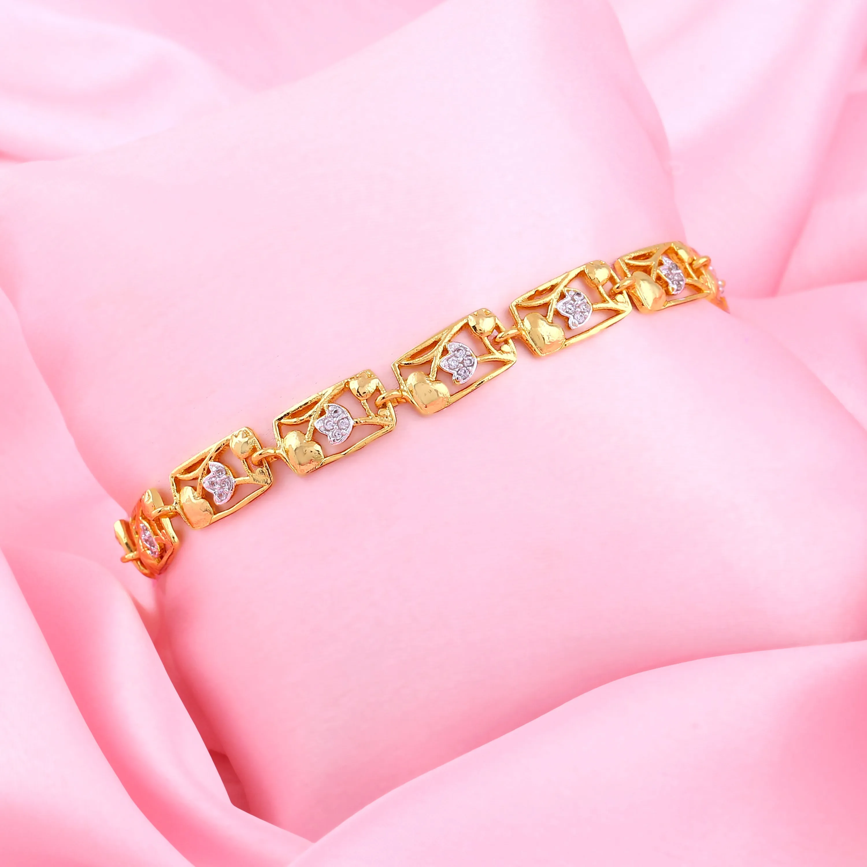 Estele Gold & Rhodium Plated Latest Trendy Sqaure Pattern Charm Bracelet with White Crystals for Women