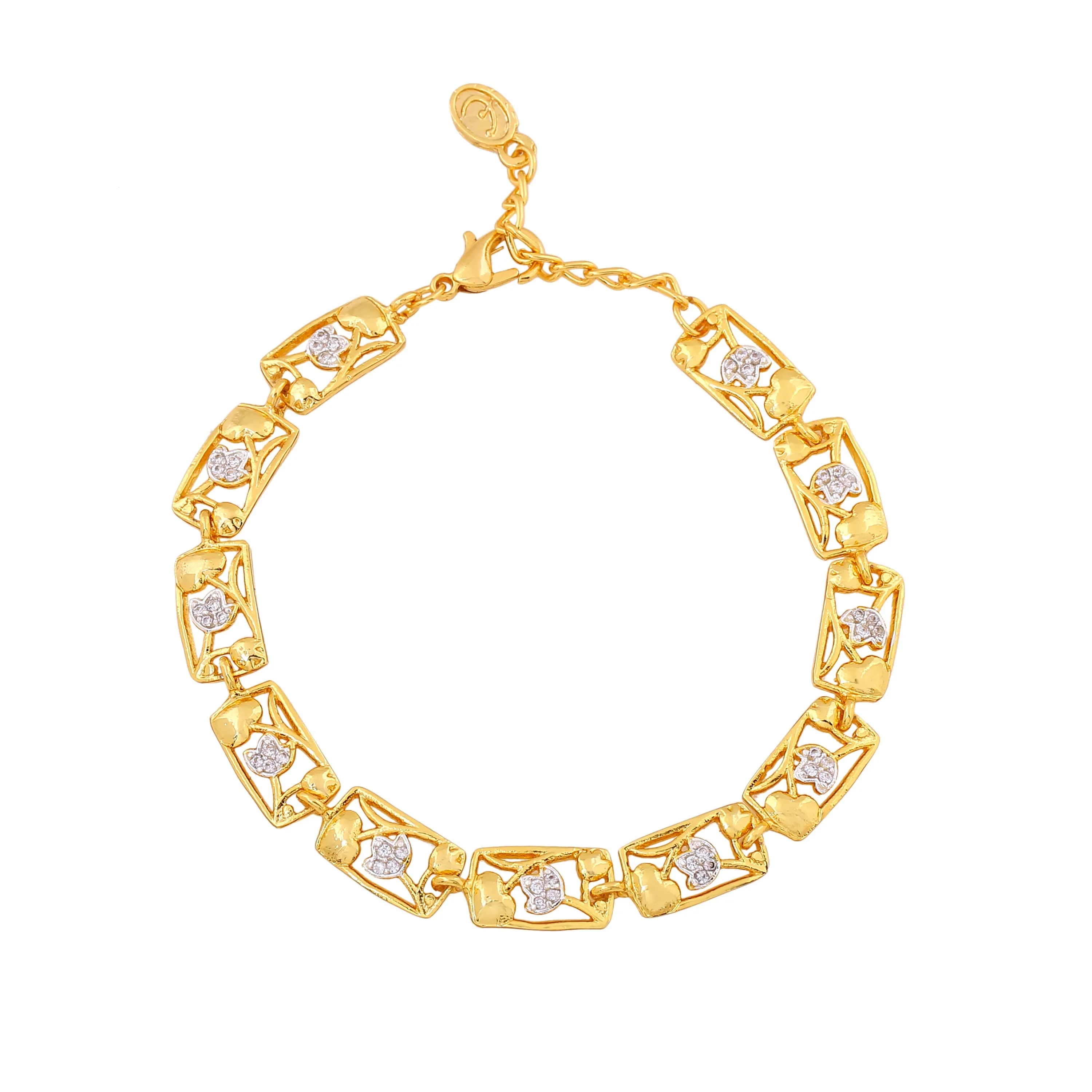 Estele Gold & Rhodium Plated Latest Trendy Sqaure Pattern Charm Bracelet with White Crystals for Women