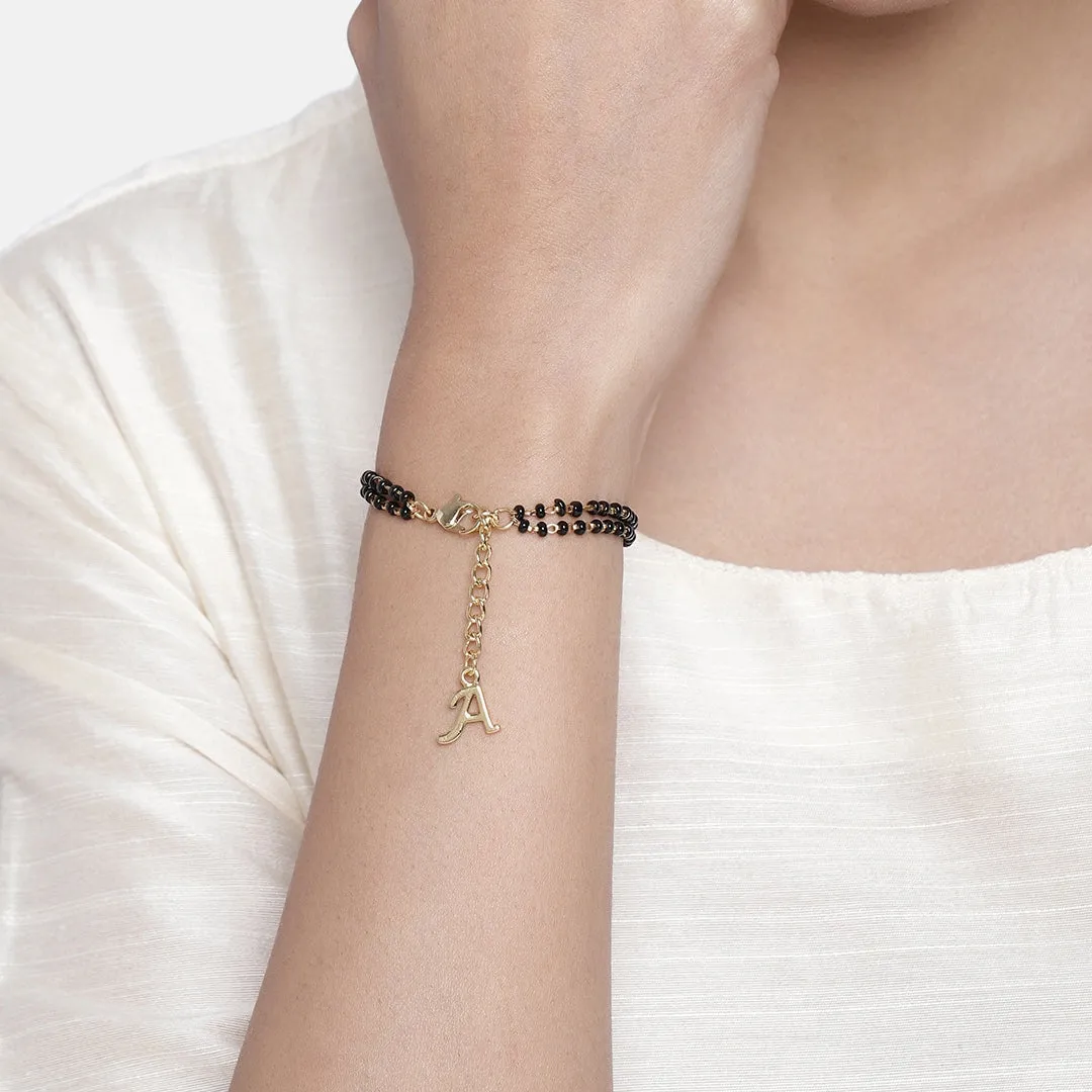 Estele Gold Plated Stylish & Trendy Lightweight "A" Initial Mangalsutra Charm Bracelet with Black Beads for Women