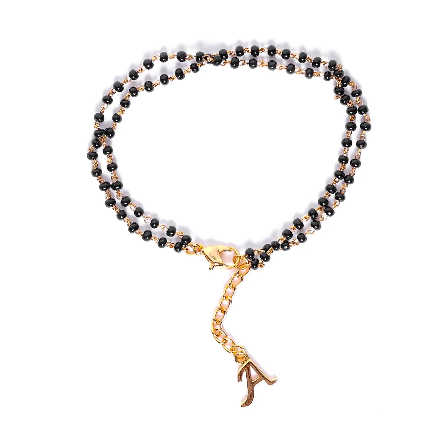 Estele Gold Plated Stylish & Trendy Lightweight "A" Initial Mangalsutra Charm Bracelet with Black Beads for Women