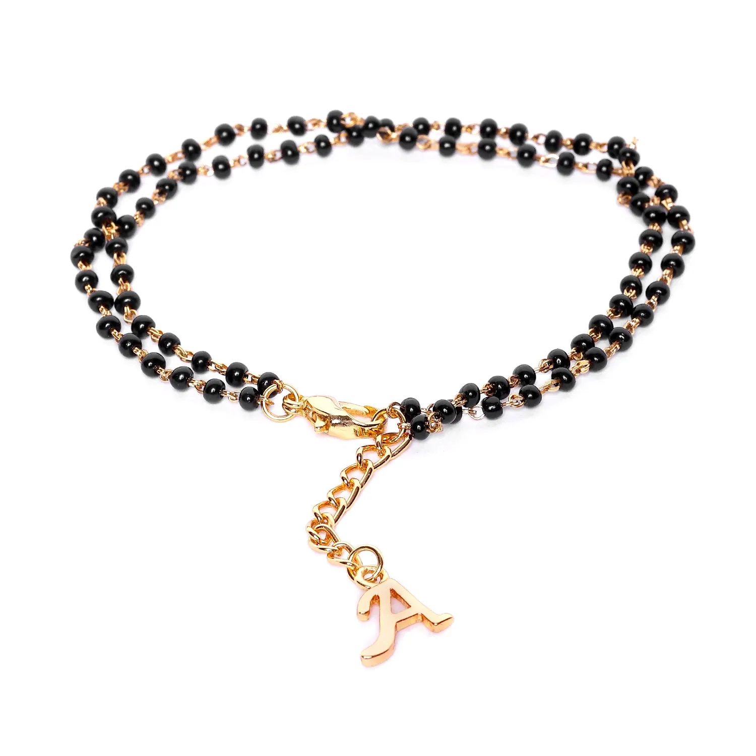 Estele Gold Plated Stylish & Trendy Lightweight "A" Initial Mangalsutra Charm Bracelet with Black Beads for Women