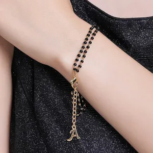 Estele Gold Plated Stylish & Trendy Lightweight "A" Initial Mangalsutra Charm Bracelet with Black Beads for Women