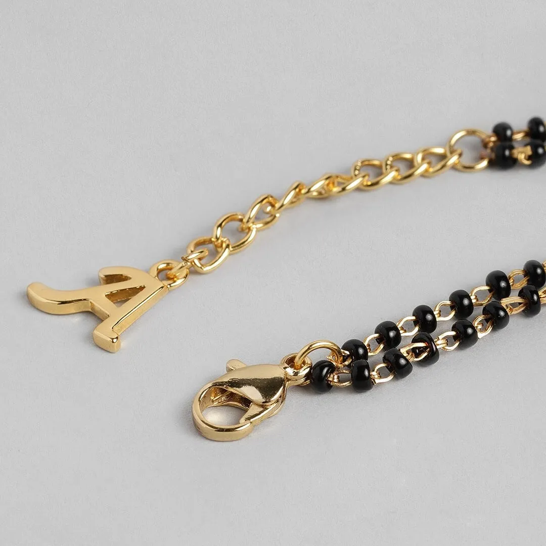 Estele Gold Plated Stylish & Trendy Lightweight "A" Initial Mangalsutra Charm Bracelet with Black Beads for Women