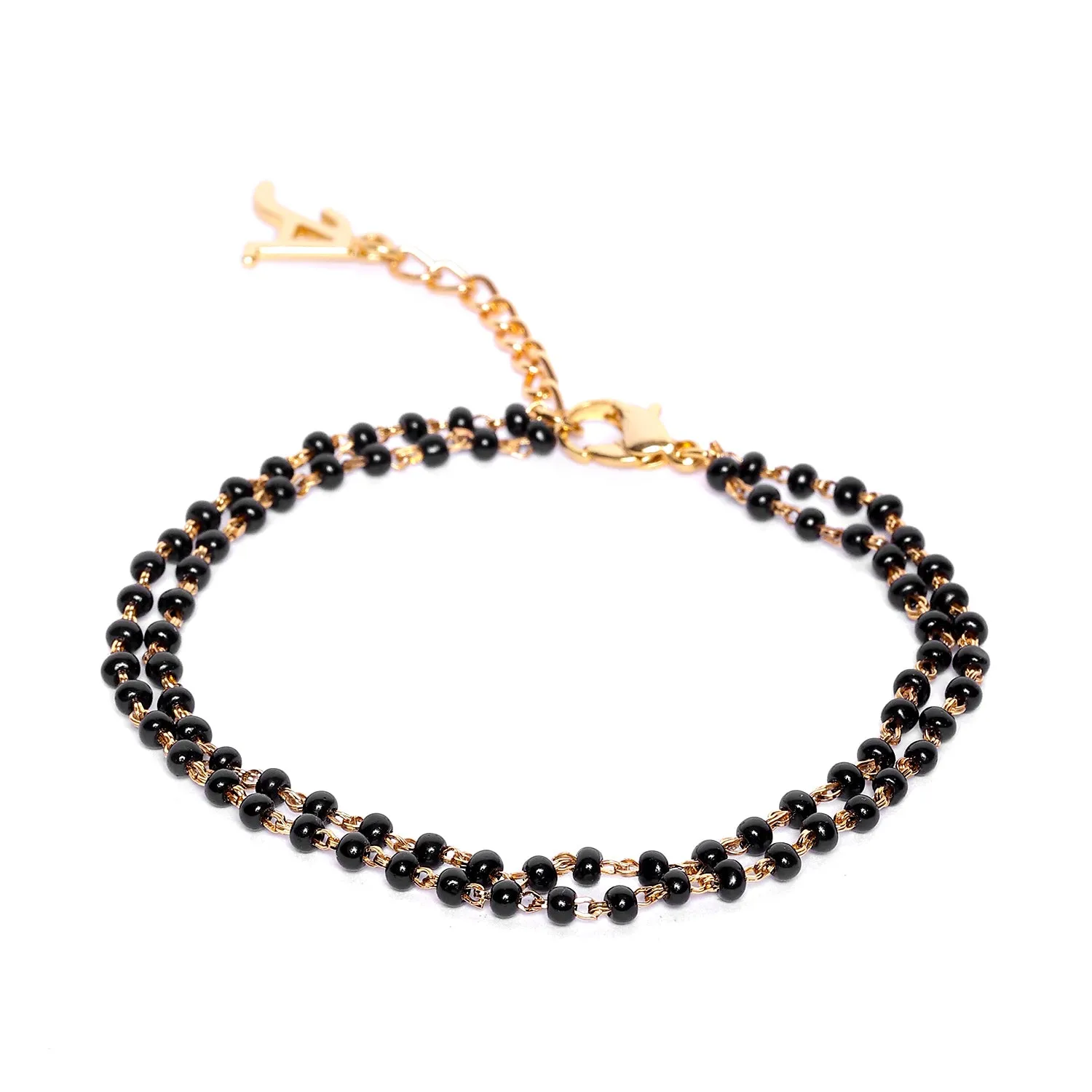 Estele Gold Plated Stylish & Trendy Lightweight "A" Initial Mangalsutra Charm Bracelet with Black Beads for Women