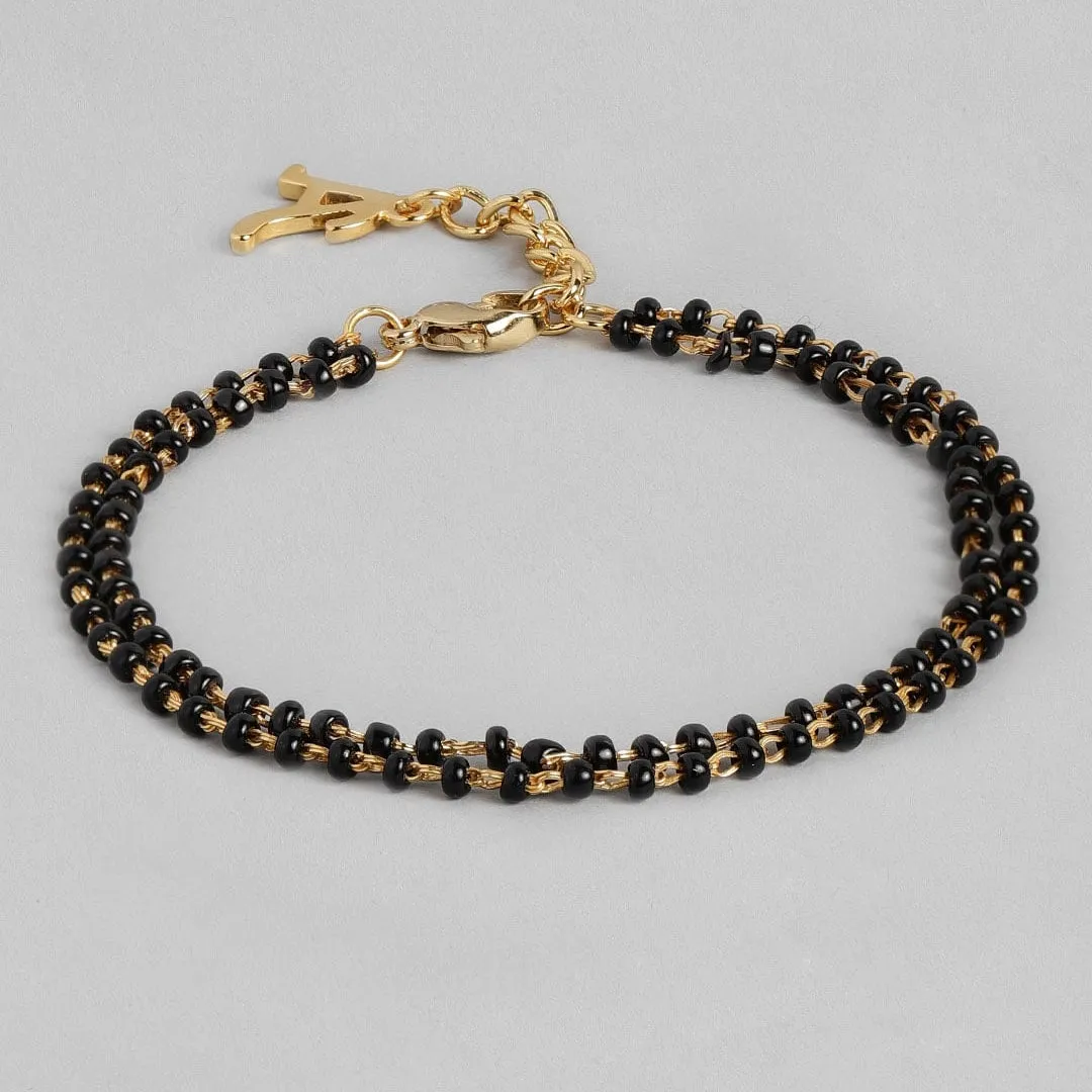 Estele Gold Plated Stylish & Trendy Lightweight "A" Initial Mangalsutra Charm Bracelet with Black Beads for Women