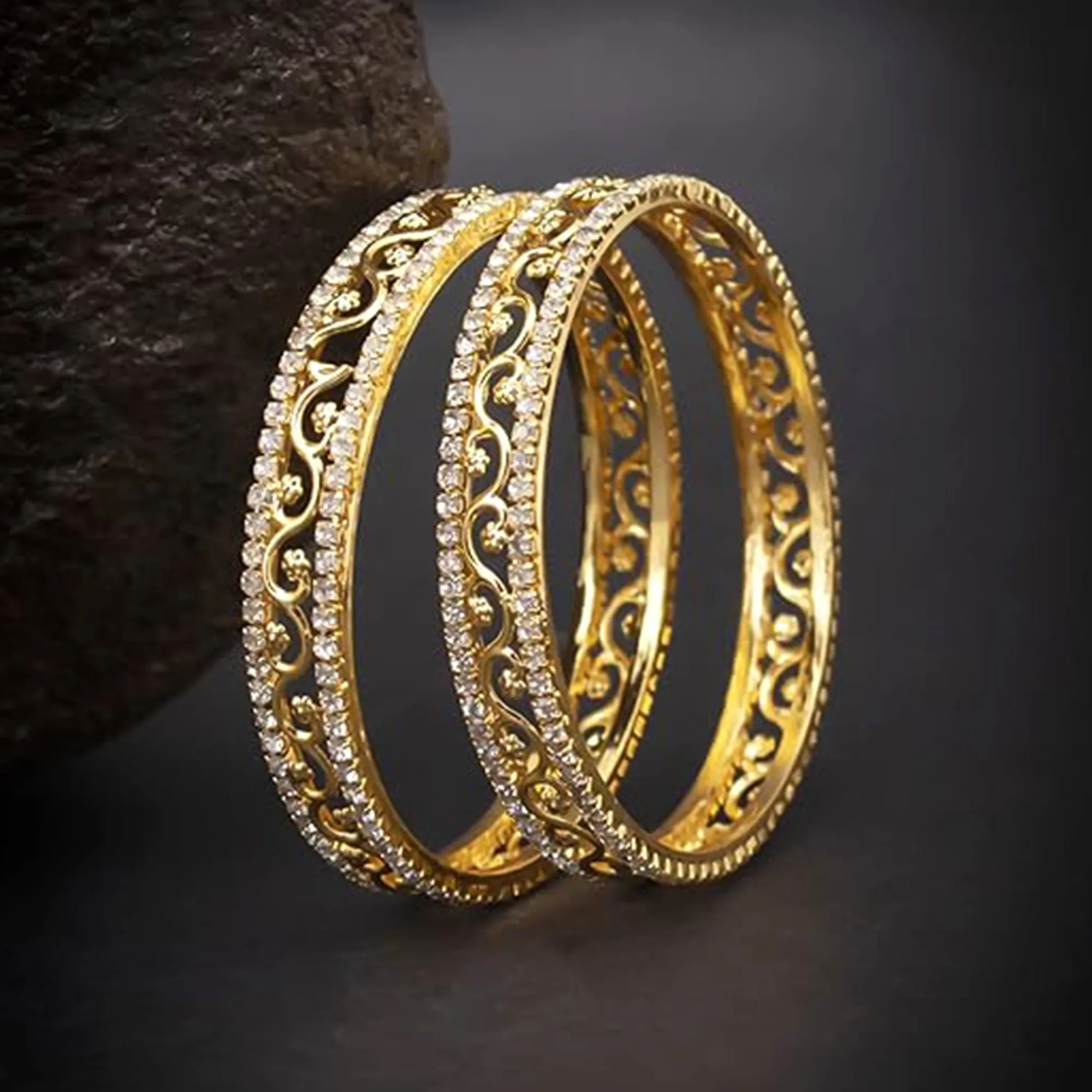 Estele Luxury Gold-Tone Bangles ?C 2.6 Size with Intricate Floral Vine Design & CZ Stone Accents ?C OSBR-VK11011-26 BANGLE