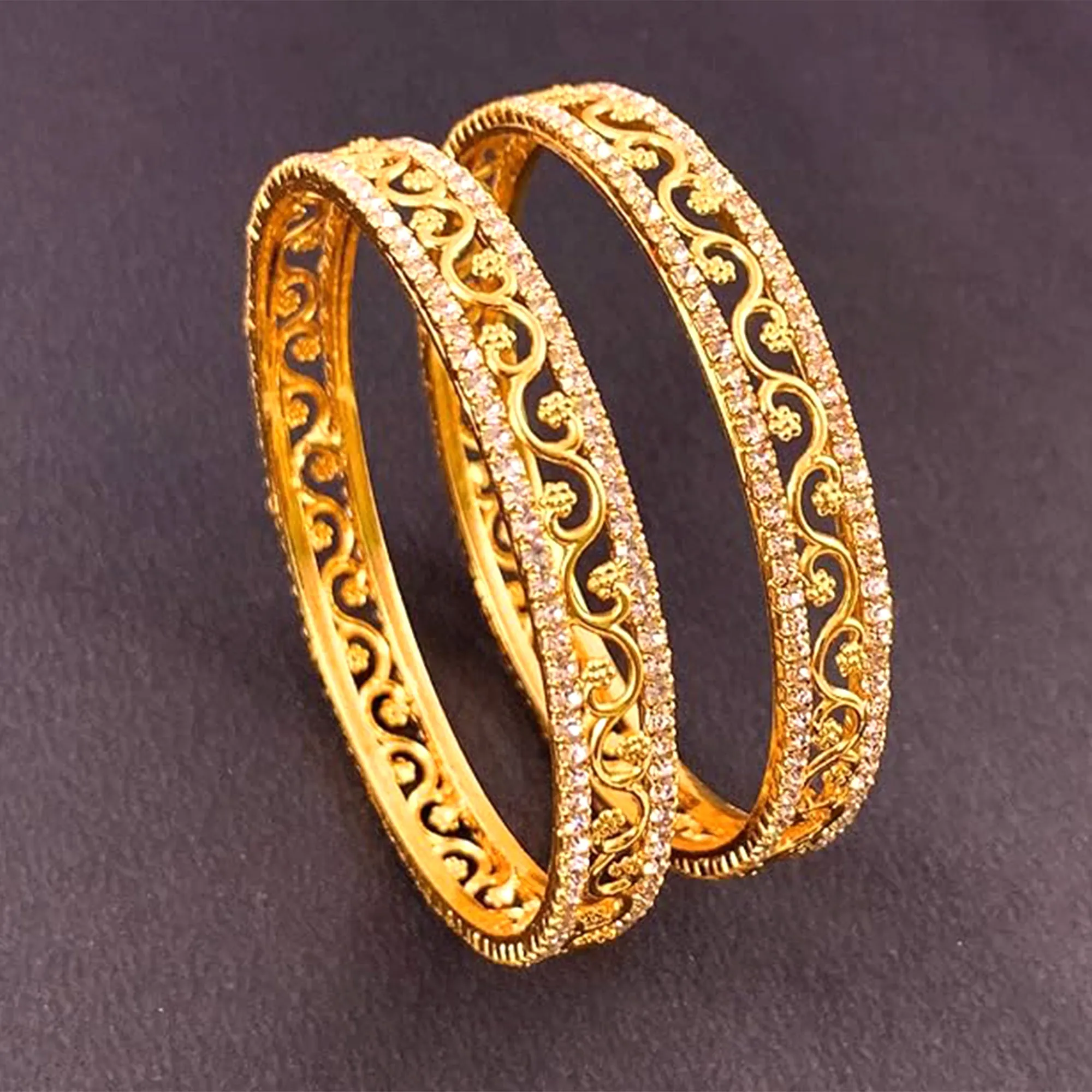 Estele Luxury Gold-Tone Bangles ?C 2.6 Size with Intricate Floral Vine Design & CZ Stone Accents ?C OSBR-VK11011-26 BANGLE