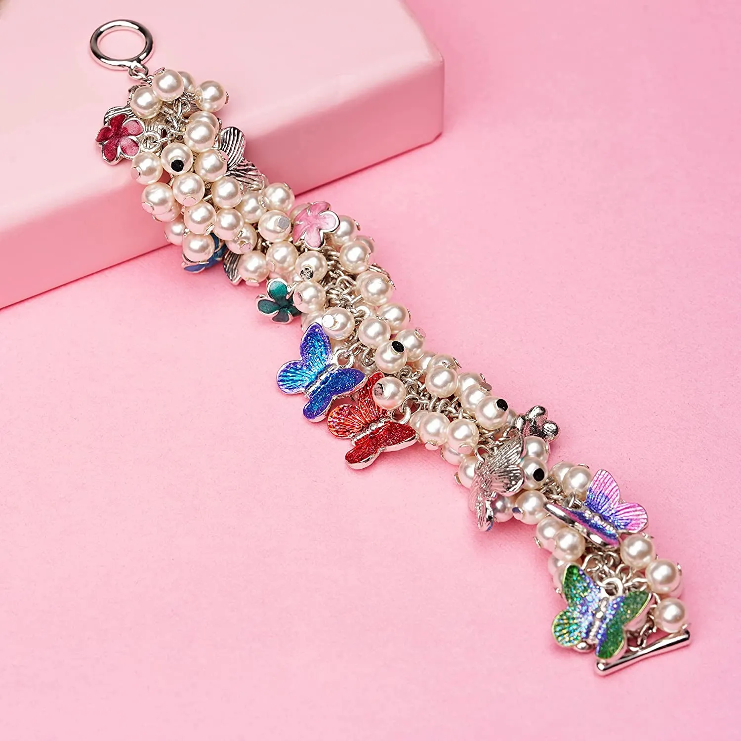 Estele Rhodium Plated Pearly Gardenia Bracelet for Women