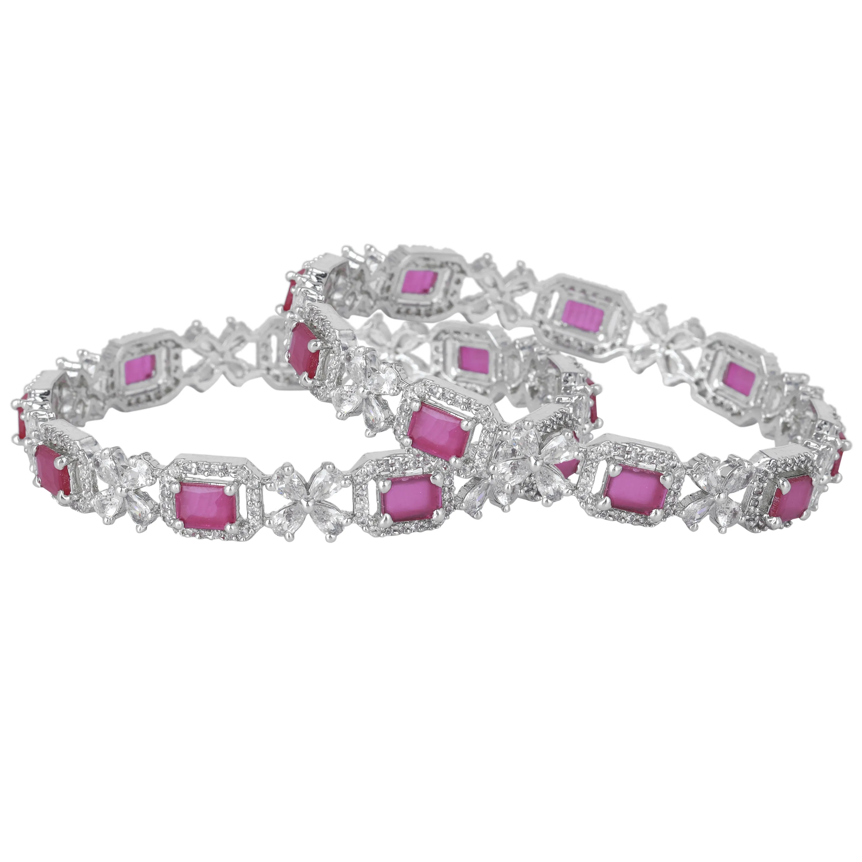 Estele Rhodium Plated Resplendent Ruby American Diamond Floral Bangles |Available in 2:4, 2:6, & 2:8 Sizes|Perfect Blend of Glamour & Elegance for Women