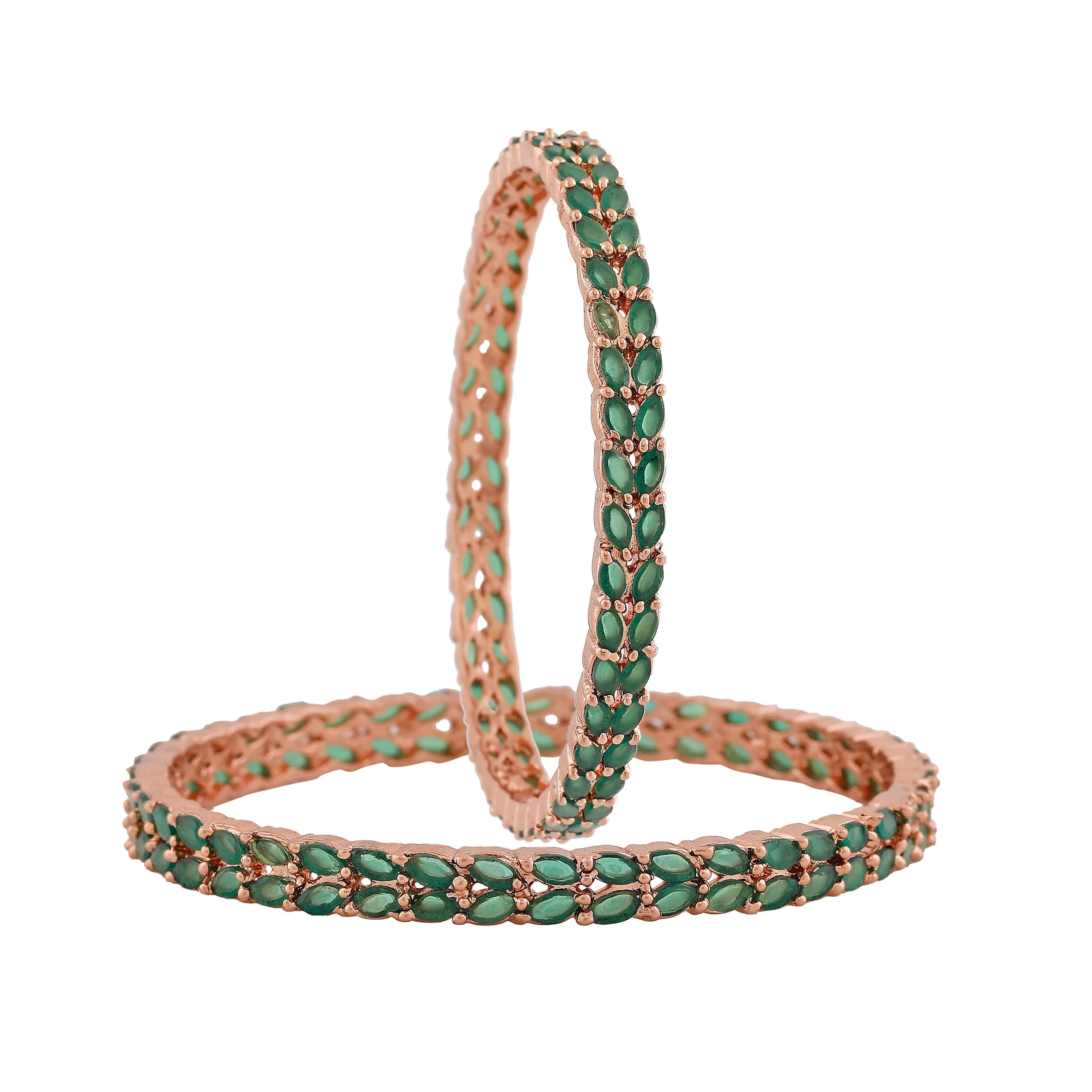 Estele Rosegold-Plated Stunning Green American Diamond 2:6 Size Bangles with Leafy Accents |Perfect for Modern & Traditional Outfits for Women