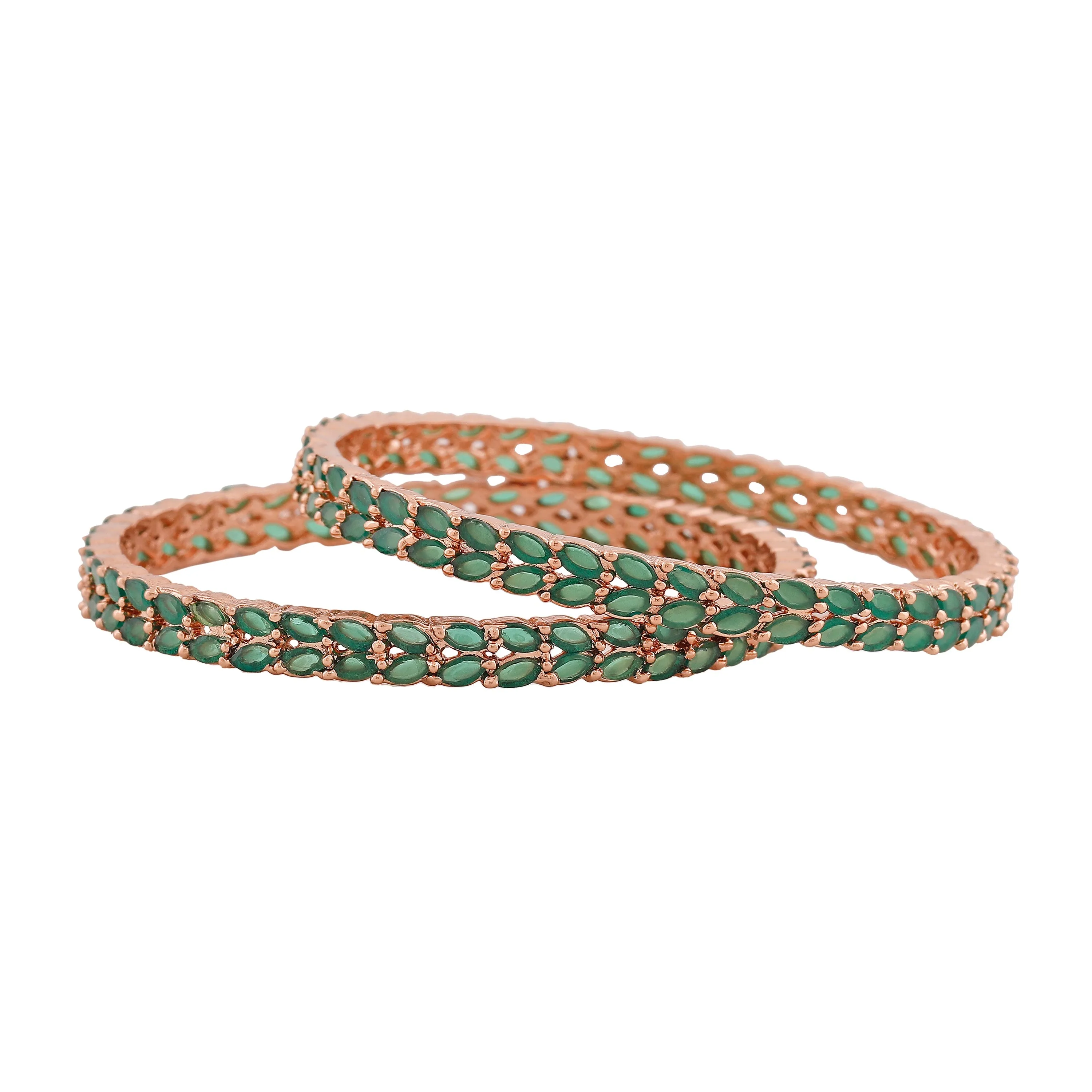 Estele Rosegold-Plated Stunning Green American Diamond 2:6 Size Bangles with Leafy Accents |Perfect for Modern & Traditional Outfits for Women