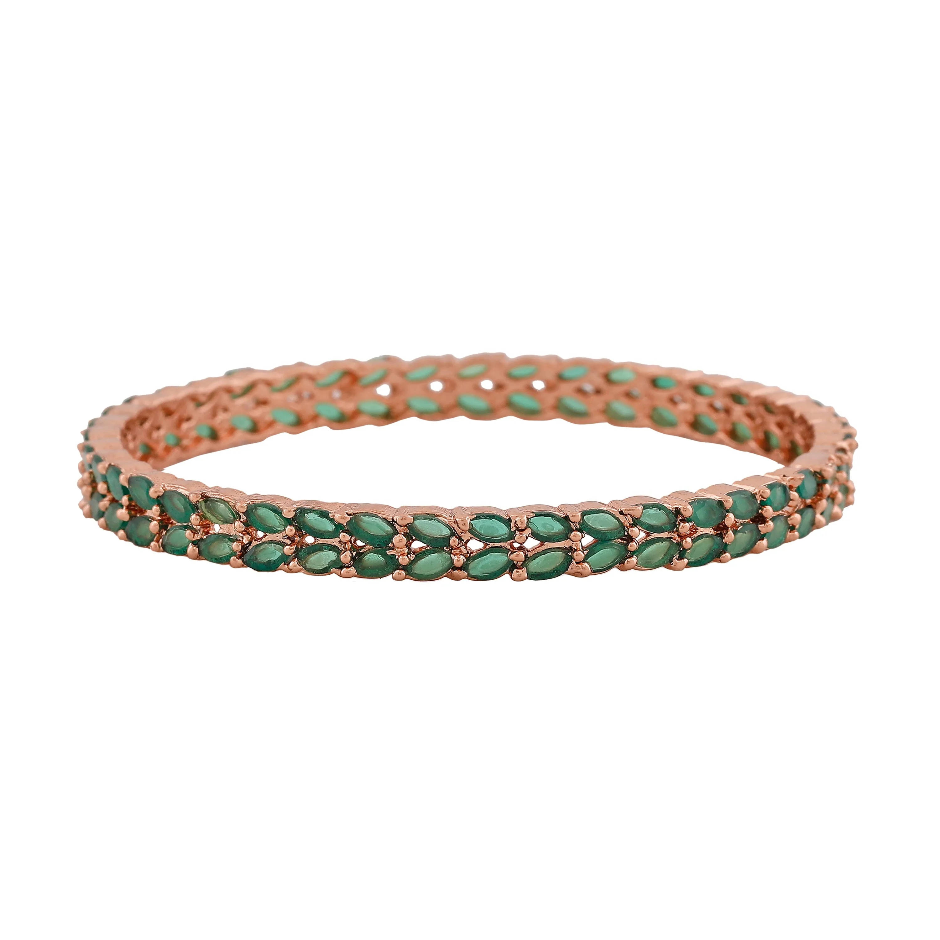Estele Rosegold-Plated Stunning Green American Diamond 2:6 Size Bangles with Leafy Accents |Perfect for Modern & Traditional Outfits for Women