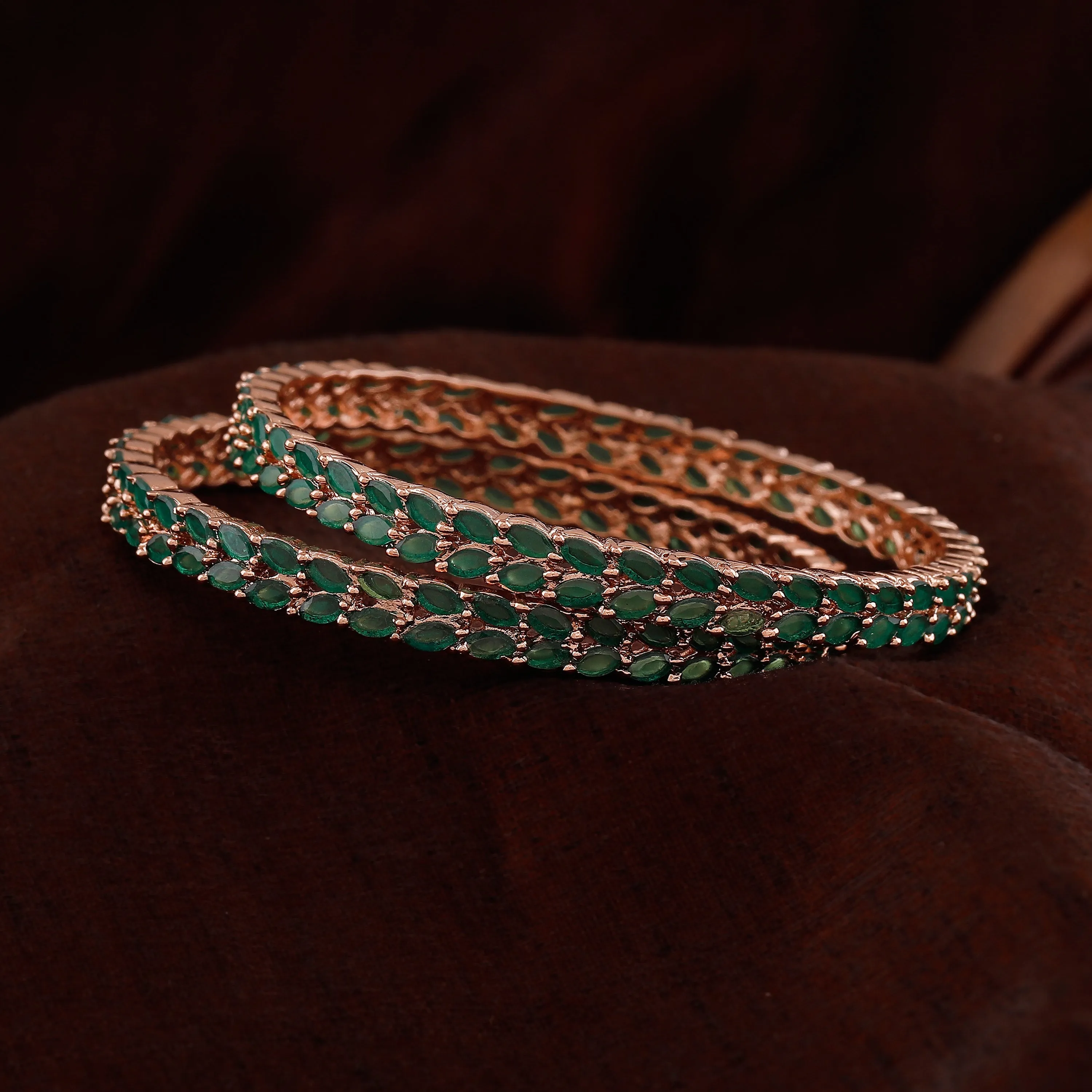 Estele Rosegold-Plated Stunning Green American Diamond 2:6 Size Bangles with Leafy Accents |Perfect for Modern & Traditional Outfits for Women
