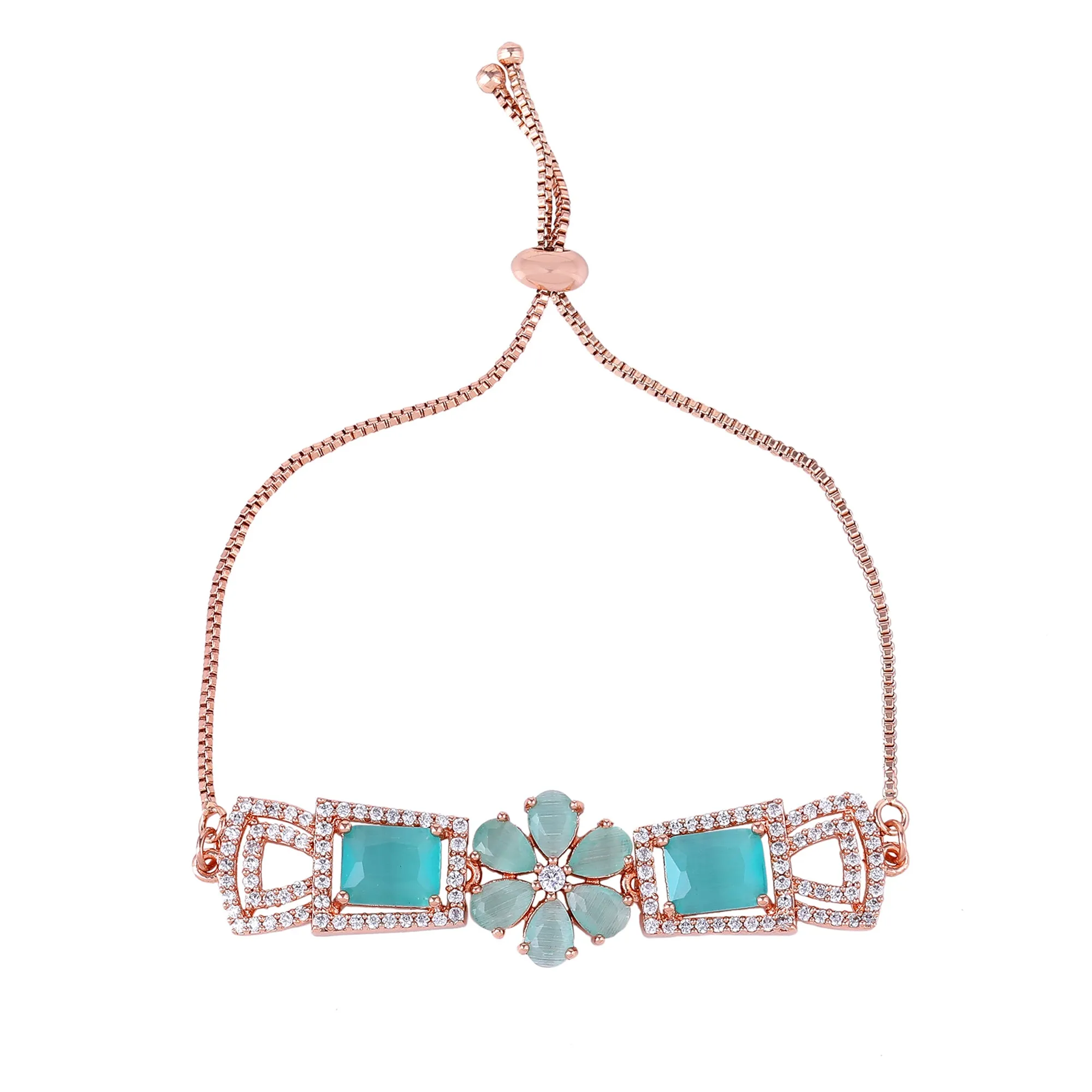 Estele Rosegold Plated Stylish Floral Designer Adjustable Charm Bracelet with Shiny Mint Green American Diamonds for Women