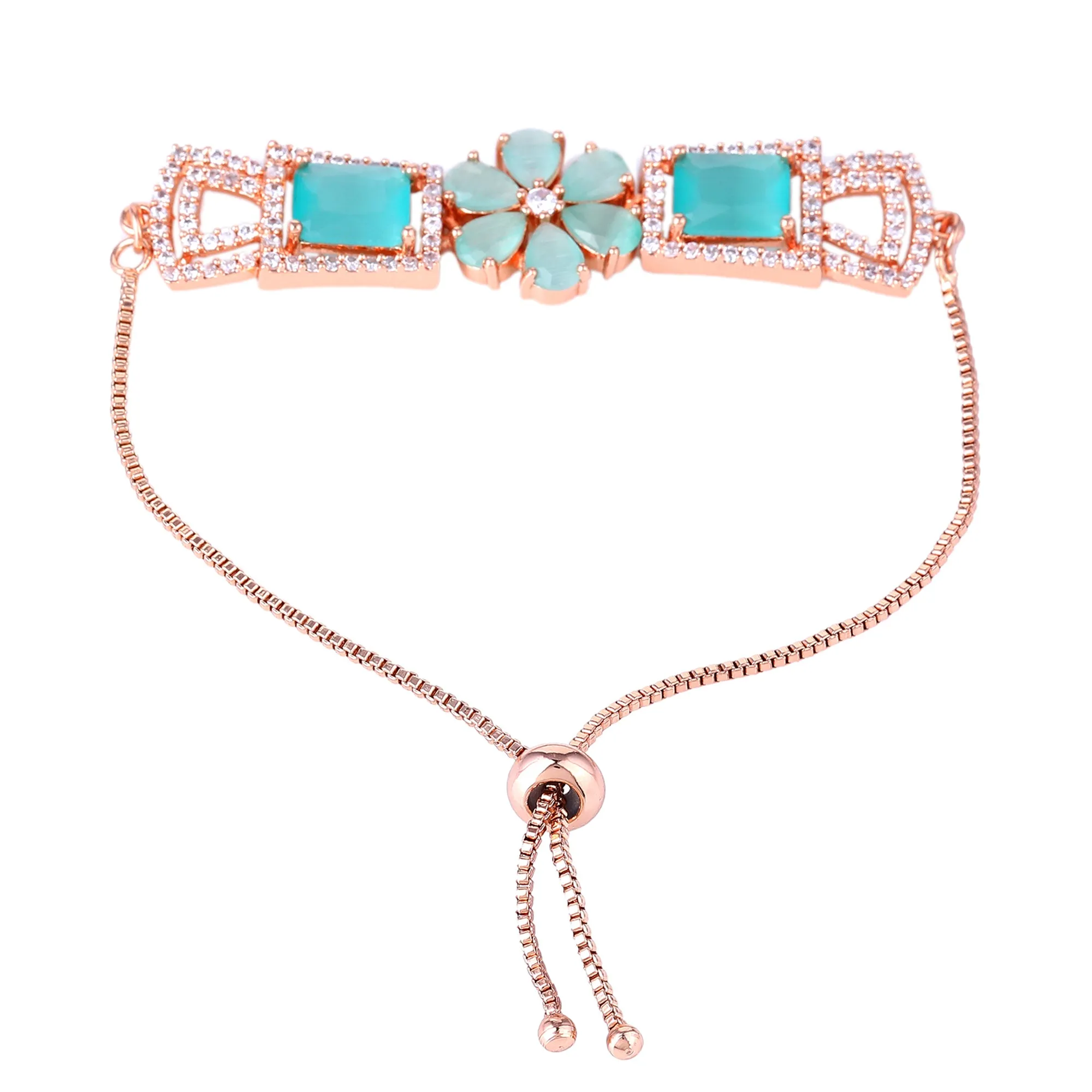 Estele Rosegold Plated Stylish Floral Designer Adjustable Charm Bracelet with Shiny Mint Green American Diamonds for Women