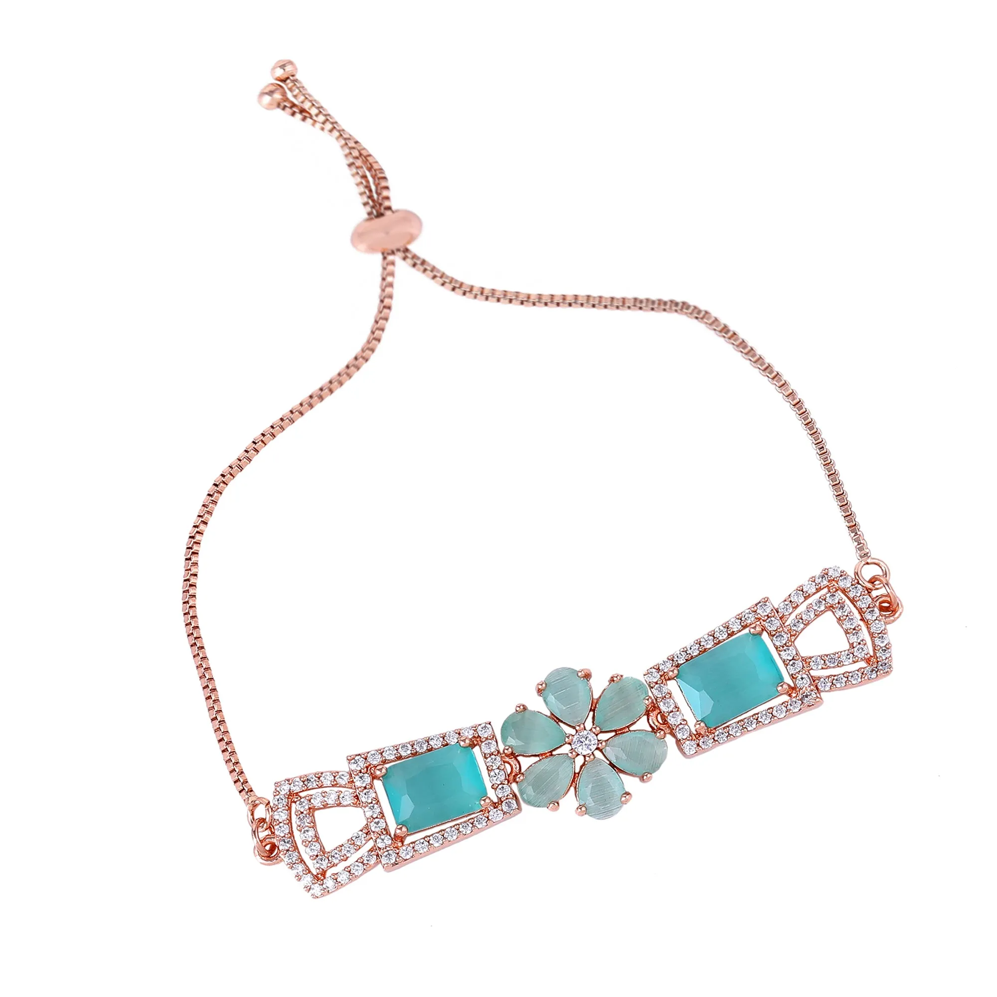Estele Rosegold Plated Stylish Floral Designer Adjustable Charm Bracelet with Shiny Mint Green American Diamonds for Women