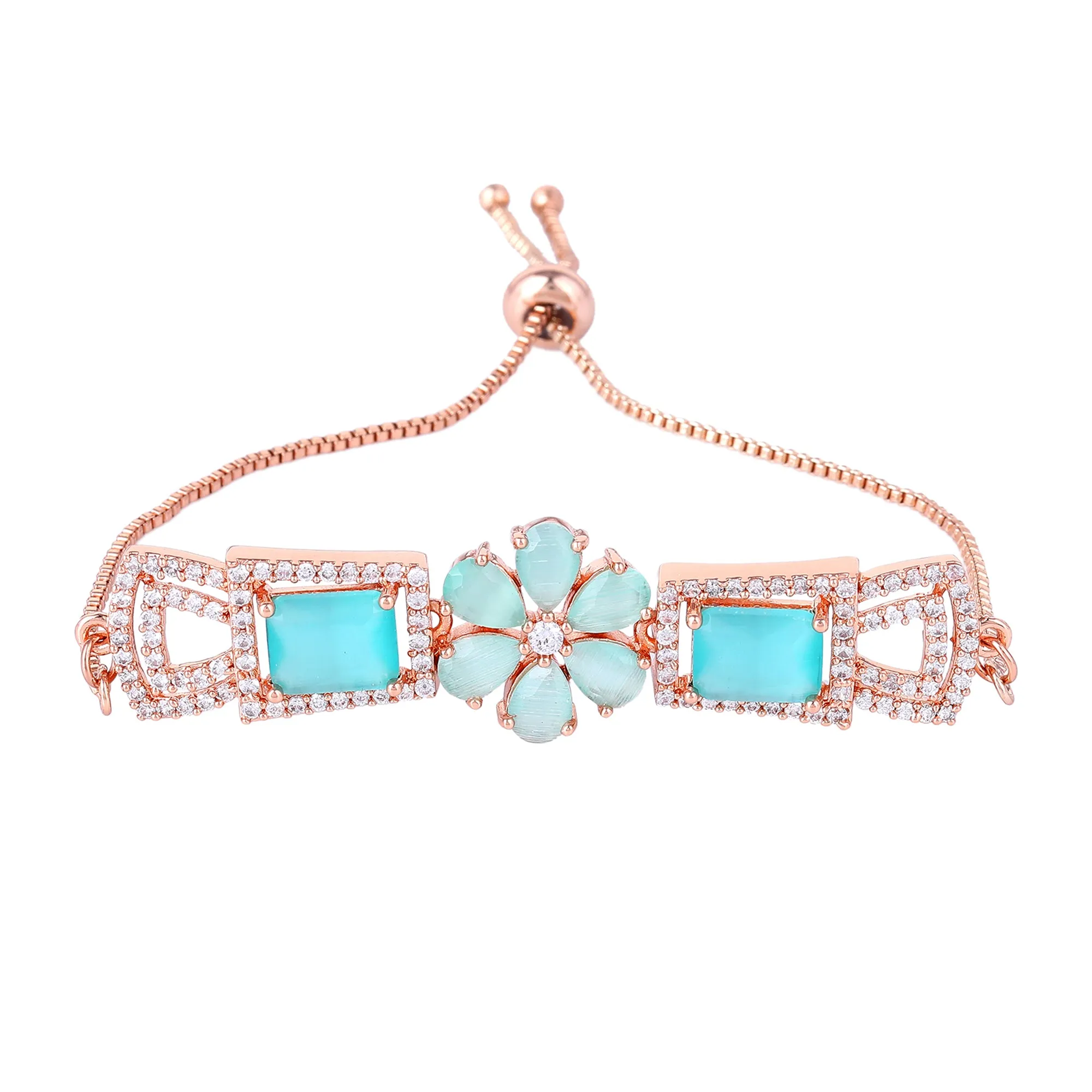 Estele Rosegold Plated Stylish Floral Designer Adjustable Charm Bracelet with Shiny Mint Green American Diamonds for Women