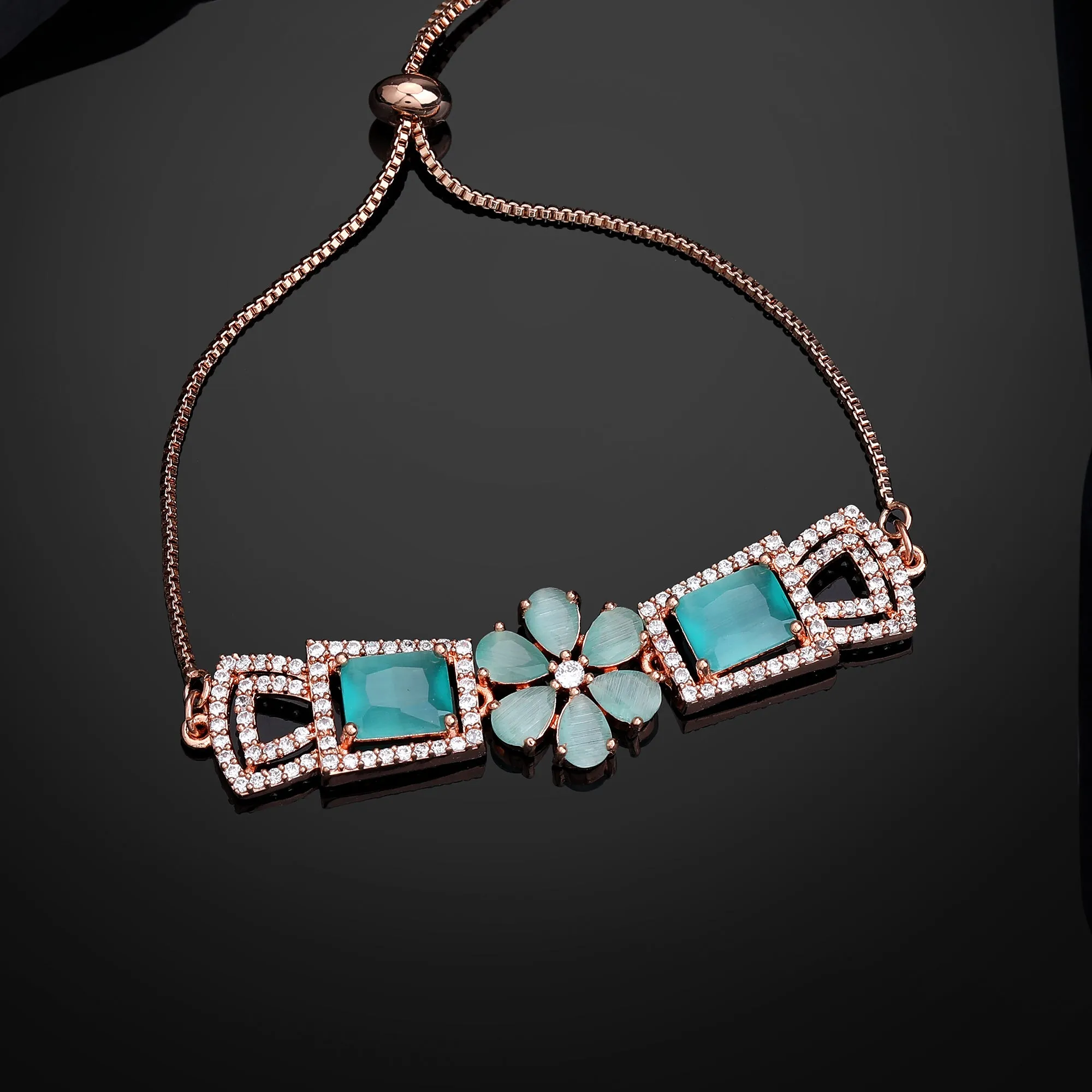 Estele Rosegold Plated Stylish Floral Designer Adjustable Charm Bracelet with Shiny Mint Green American Diamonds for Women