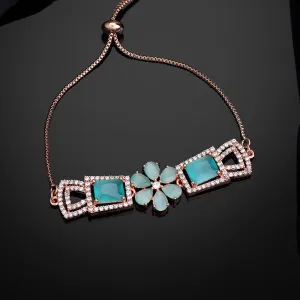 Estele Rosegold Plated Stylish Floral Designer Adjustable Charm Bracelet with Shiny Mint Green American Diamonds for Women