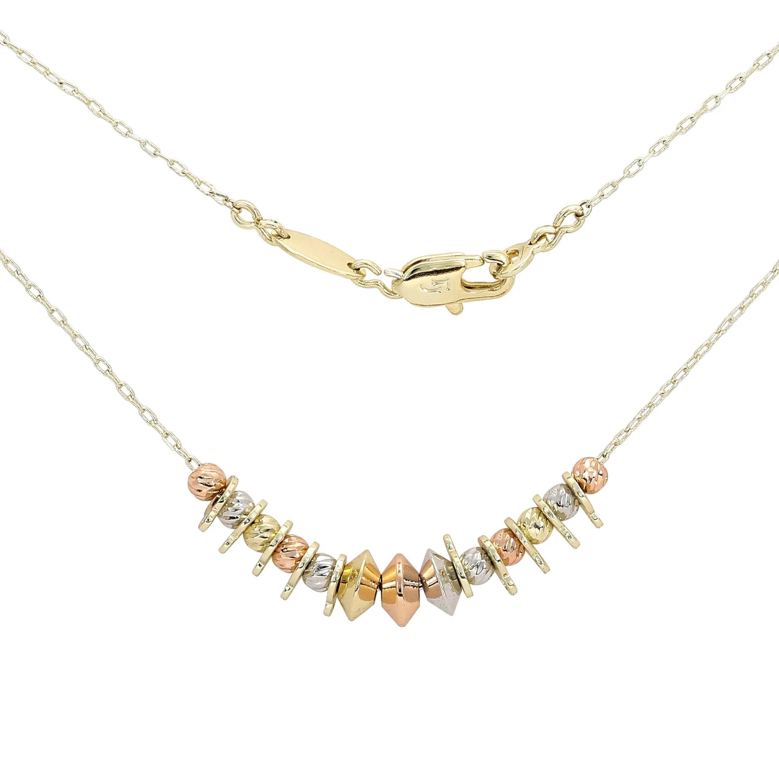 Fancy beads and disc 14K Gold, Rose Gold three tone necklace