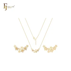 Fancy five petals of snowflakes and white CZs 14K Gold Necklace