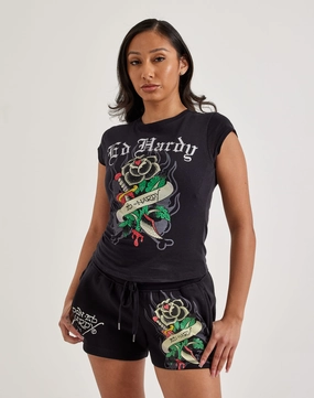 Fashion accessories Ed Hardy Black Rose Rhinestone Cap Sleeve Tee Spandex - incorporated fashion