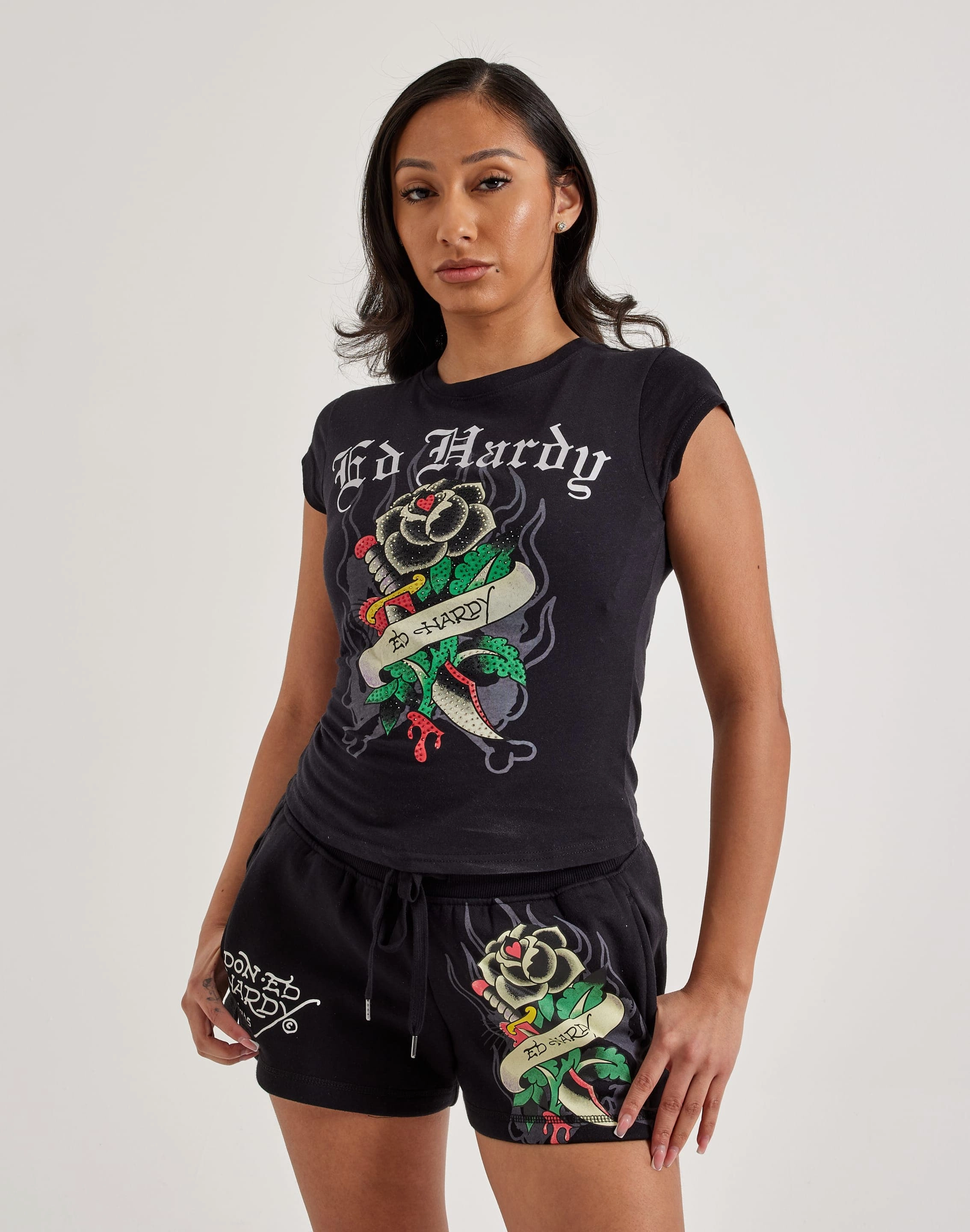 Fashion boutiques Ed Hardy Black Rose Rhinestone Cap Sleeve Tee Clothing prices