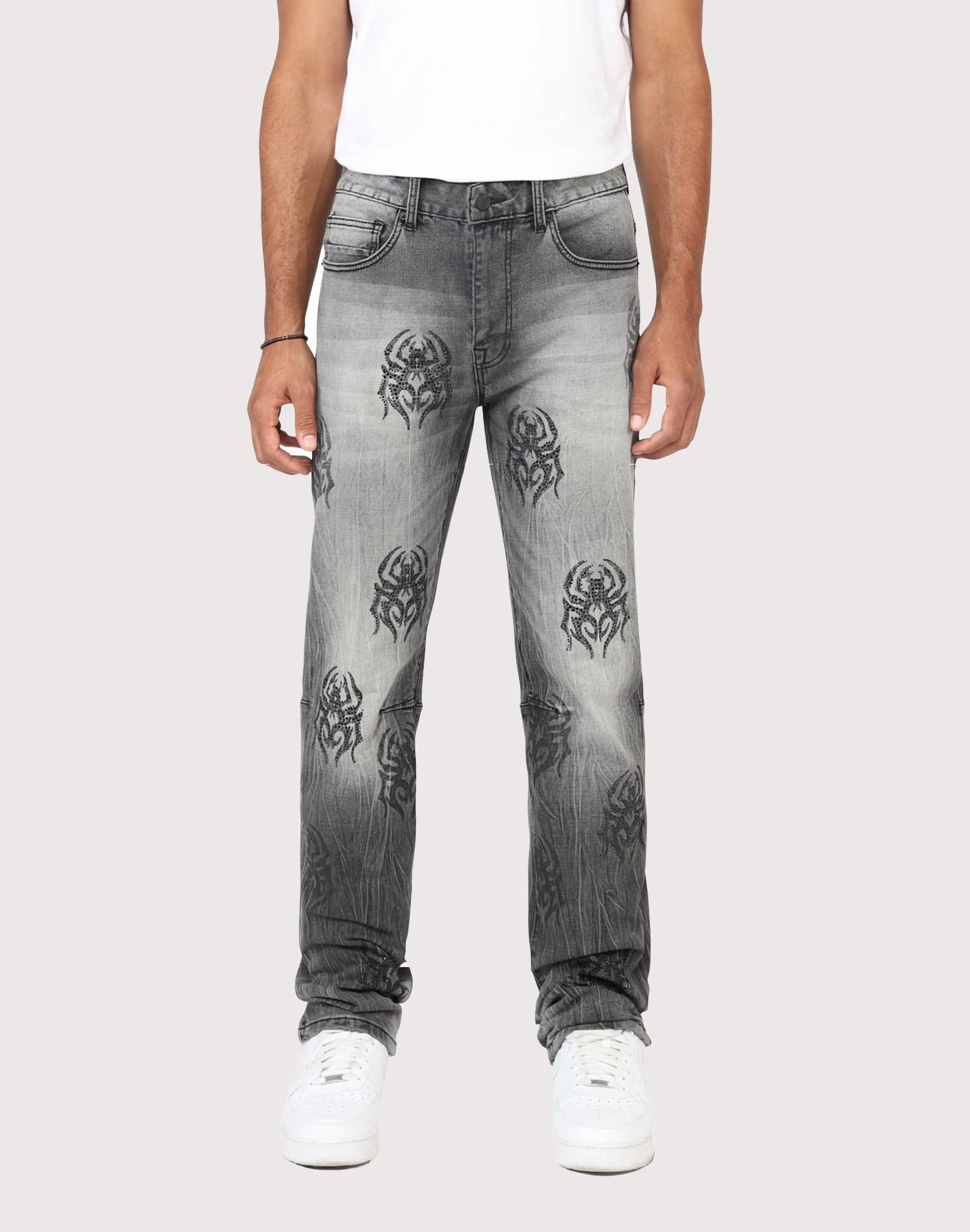 Fashion influencers' recommendations Grindhouse Pluto Grey Straight Fit Spider Rhinestone Jeans Fashion subscription services
