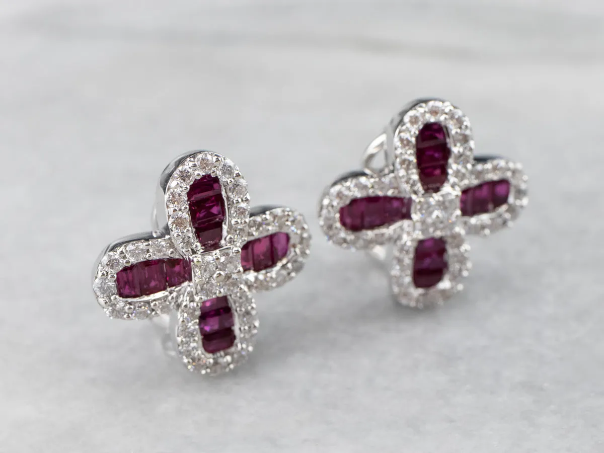 Floral Ruby and Diamond Earrings in 18K White Gold