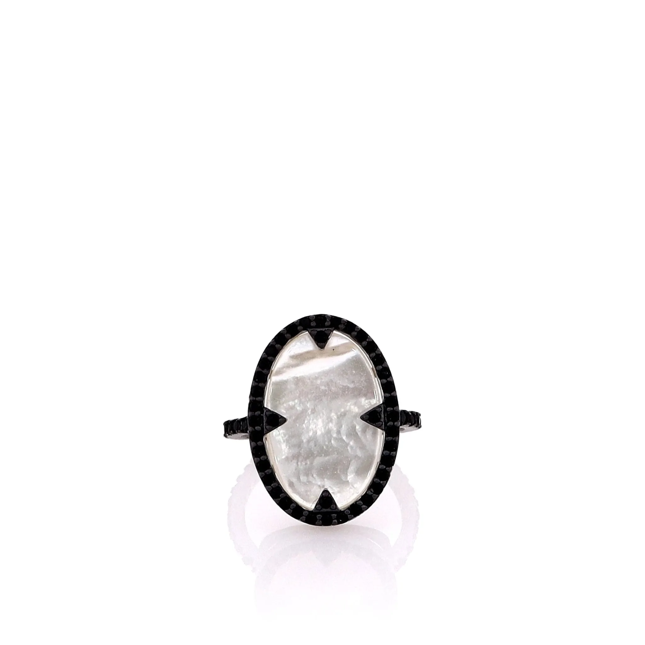 Freida Rothman Sterling Silver Mother of Pearl and Black Cubic Zirconia Halo Ring