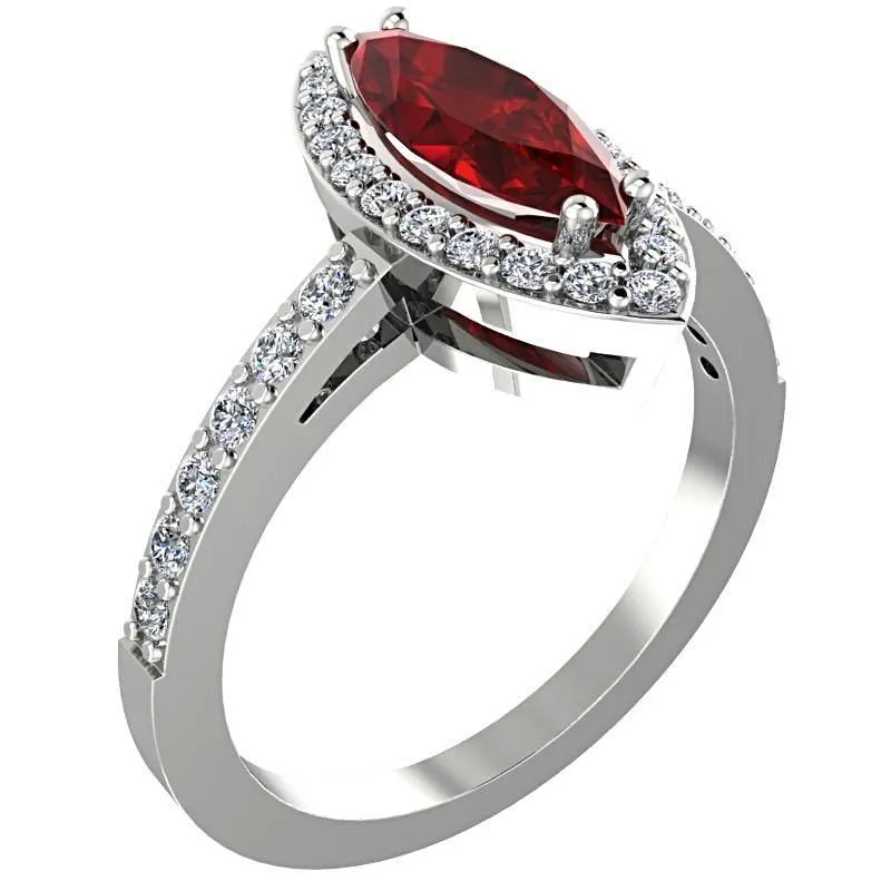 Garnet Marquise Halo Diamond Ring 14K White Gold