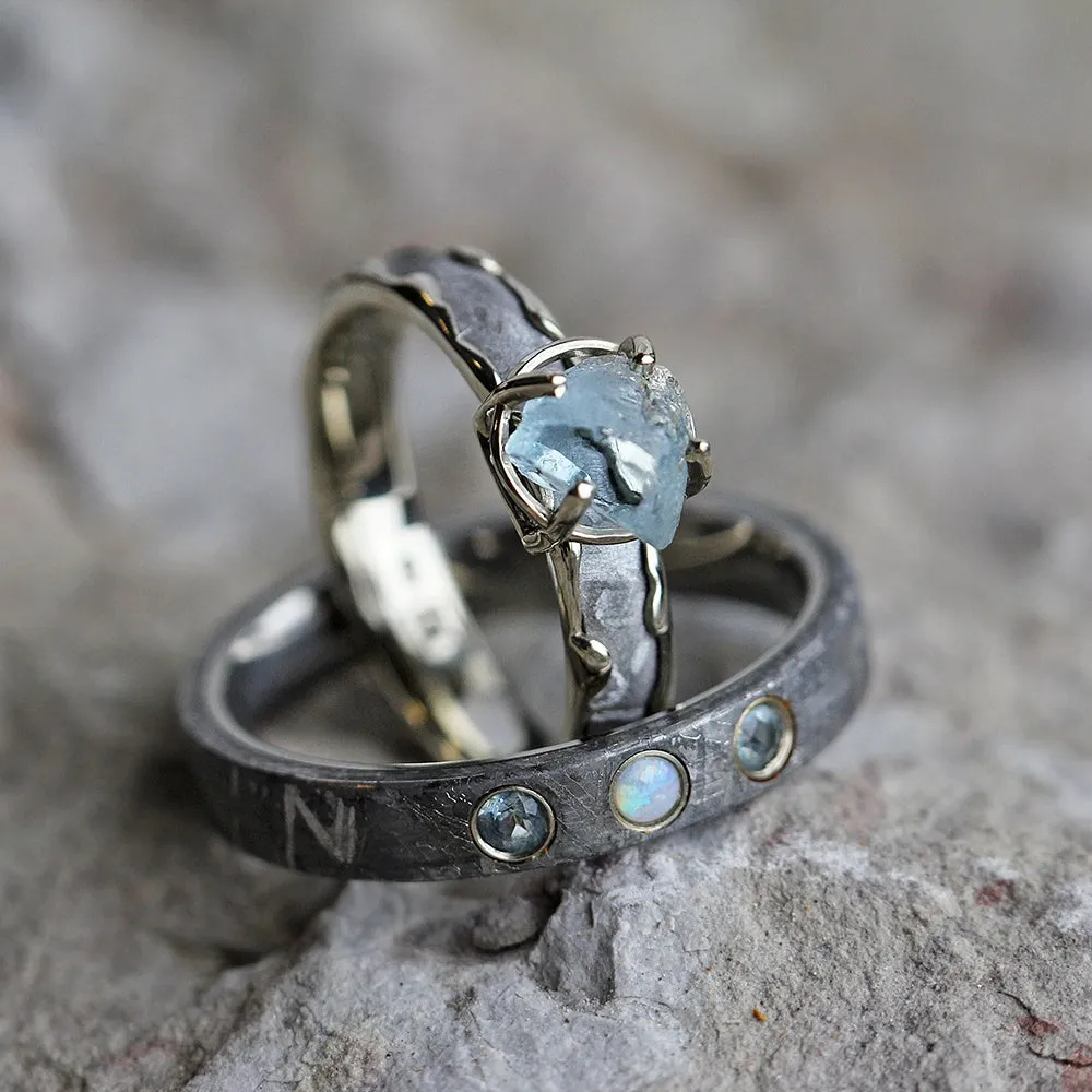 Gemstone Wedding Ring Set, Rough Aquamarine Engagement Ring With Opal Wedding Band