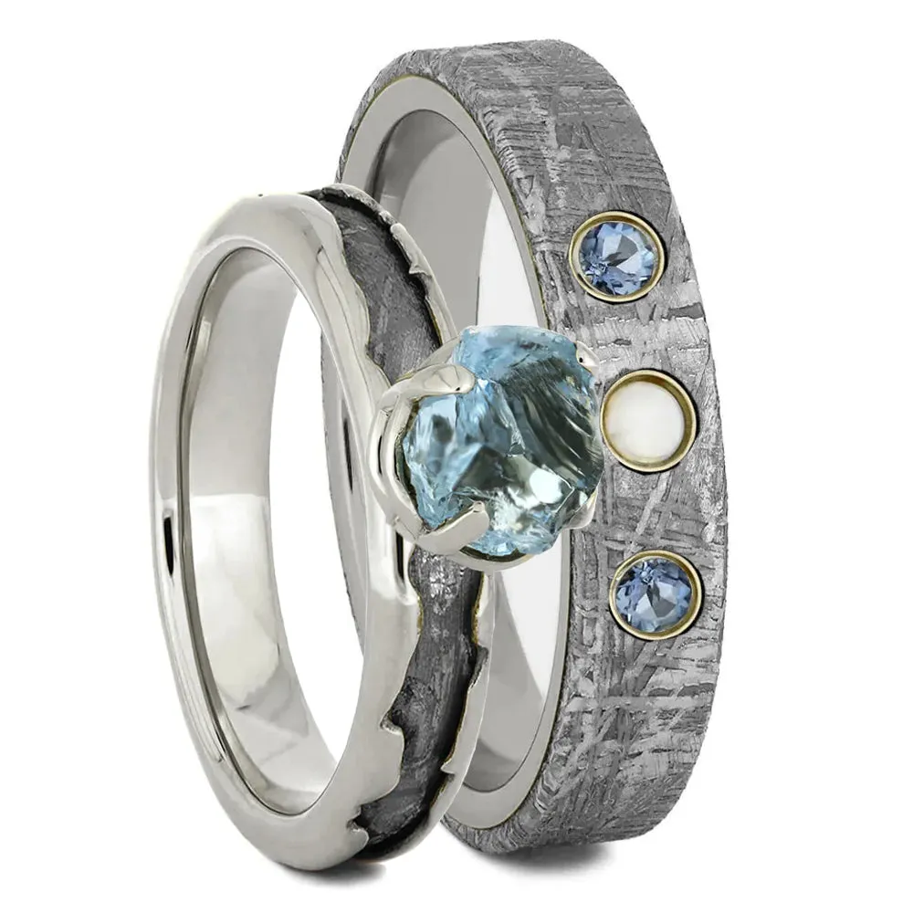 Gemstone Wedding Ring Set, Rough Aquamarine Engagement Ring With Opal Wedding Band