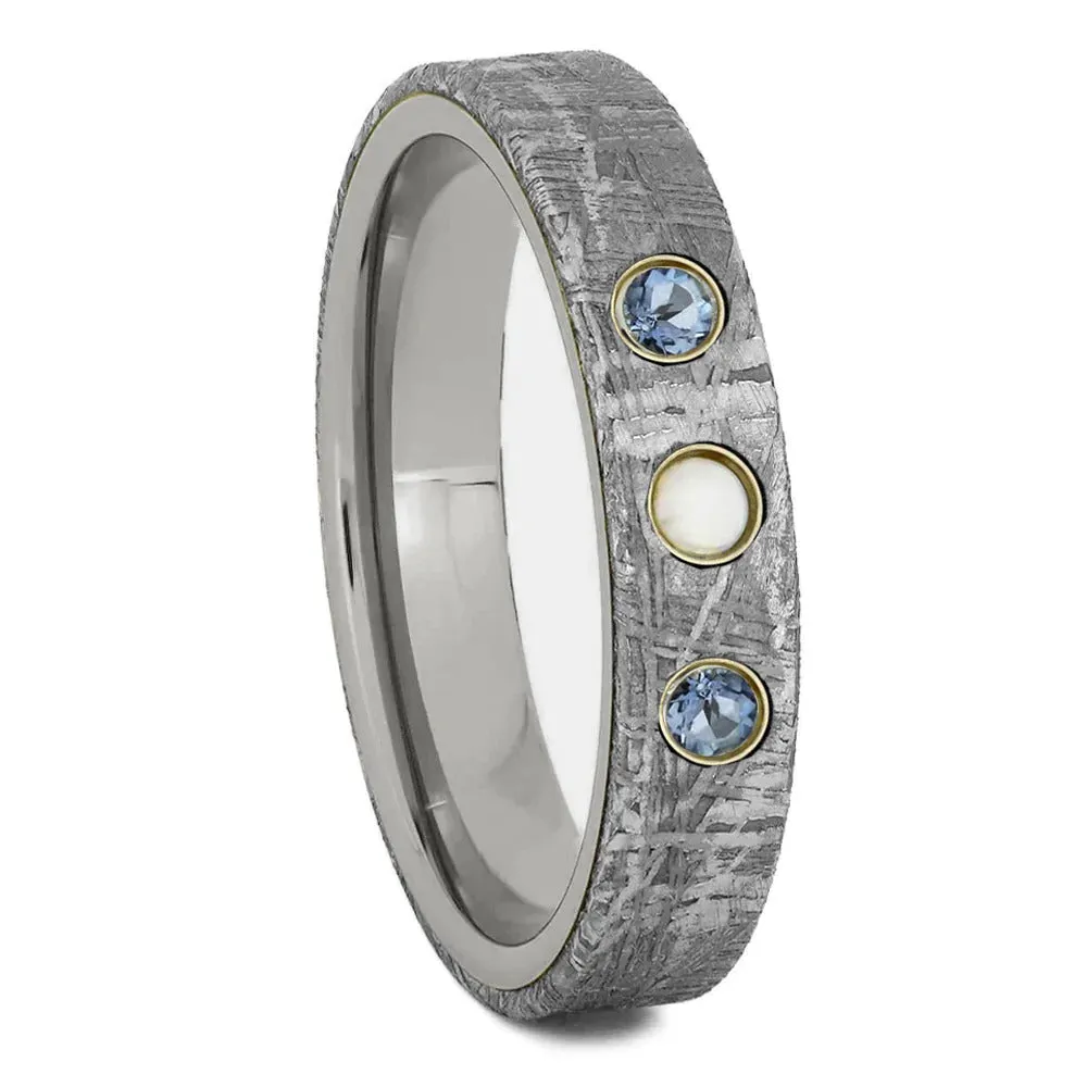 Gemstone Wedding Ring Set, Rough Aquamarine Engagement Ring With Opal Wedding Band