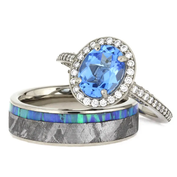 Gibeon Meteorite Wedding Ring Set, Topaz Engagement Ring With Opal Wedding Band