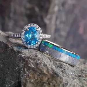 Gibeon Meteorite Wedding Ring Set, Topaz Engagement Ring With Opal Wedding Band