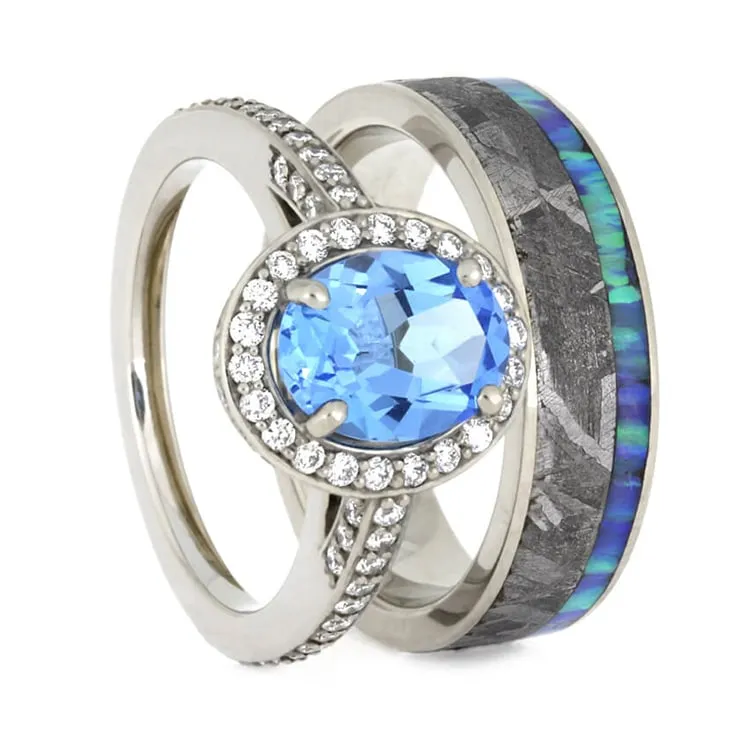Gibeon Meteorite Wedding Ring Set, Topaz Engagement Ring With Opal Wedding Band