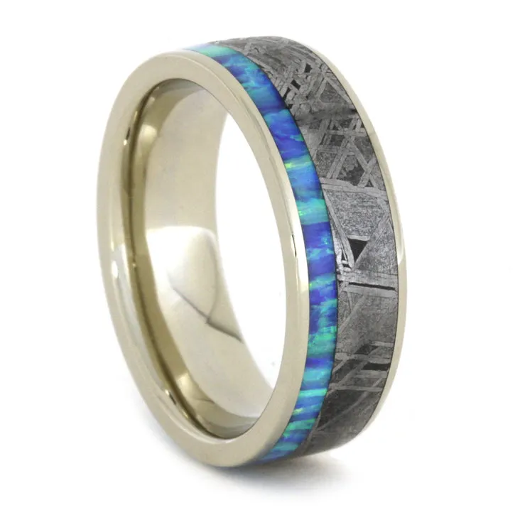 Gibeon Meteorite Wedding Ring Set, Topaz Engagement Ring With Opal Wedding Band