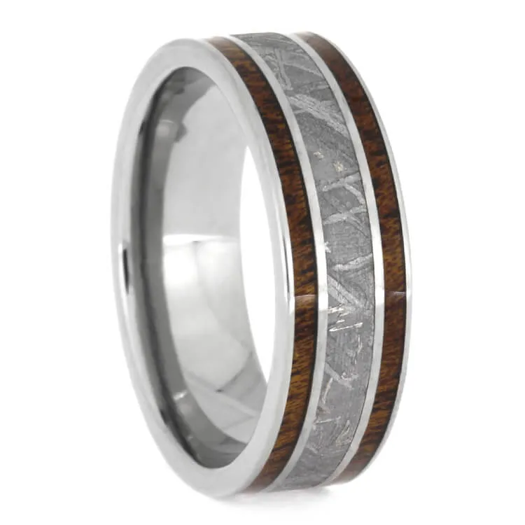 Gibeon Meteorite Wedding Ring Set, White Gold Halo Engagement Ring and Tulipwood Wedding Band